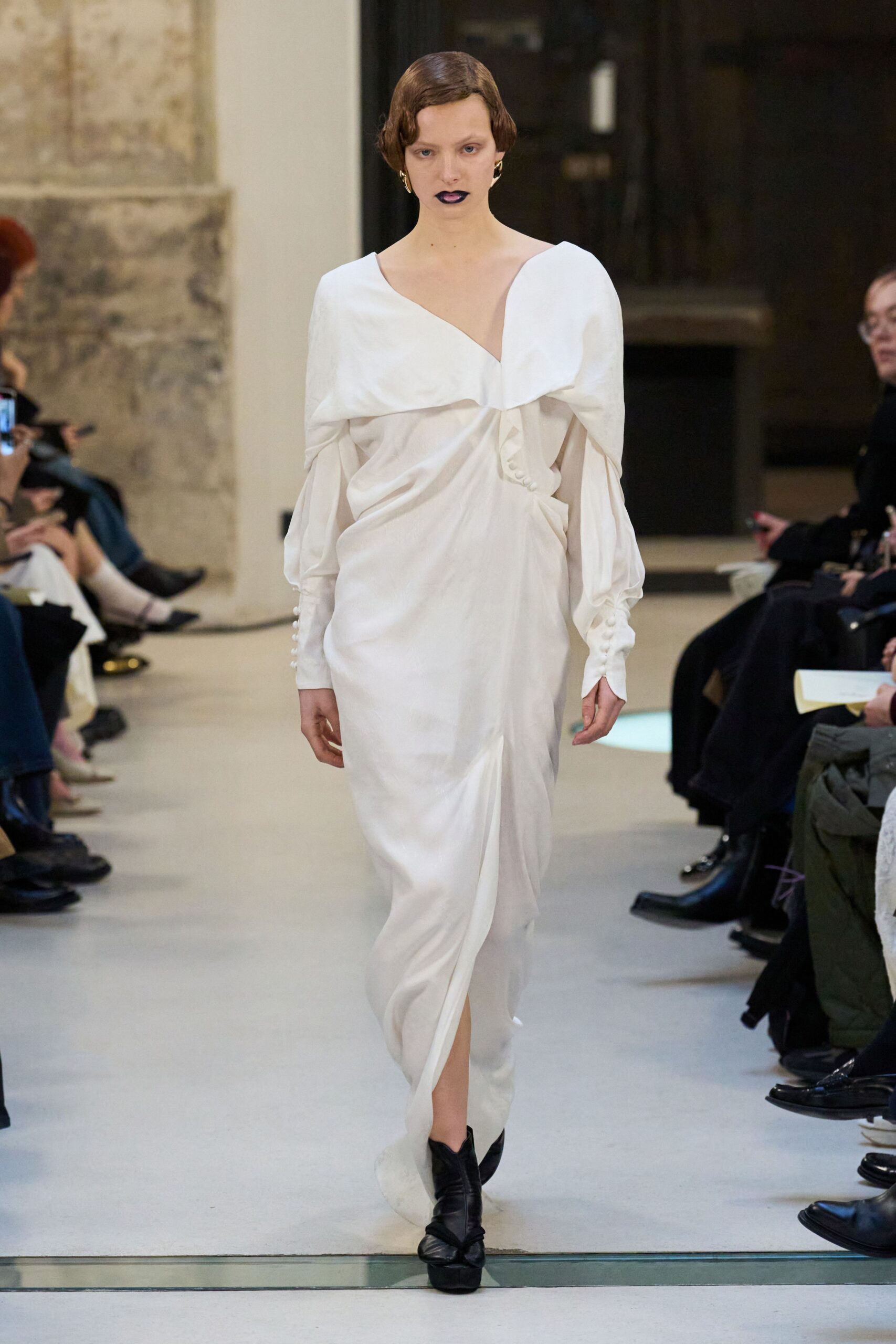 white silk long-sleeve v-neck fitted draped buttoned dress