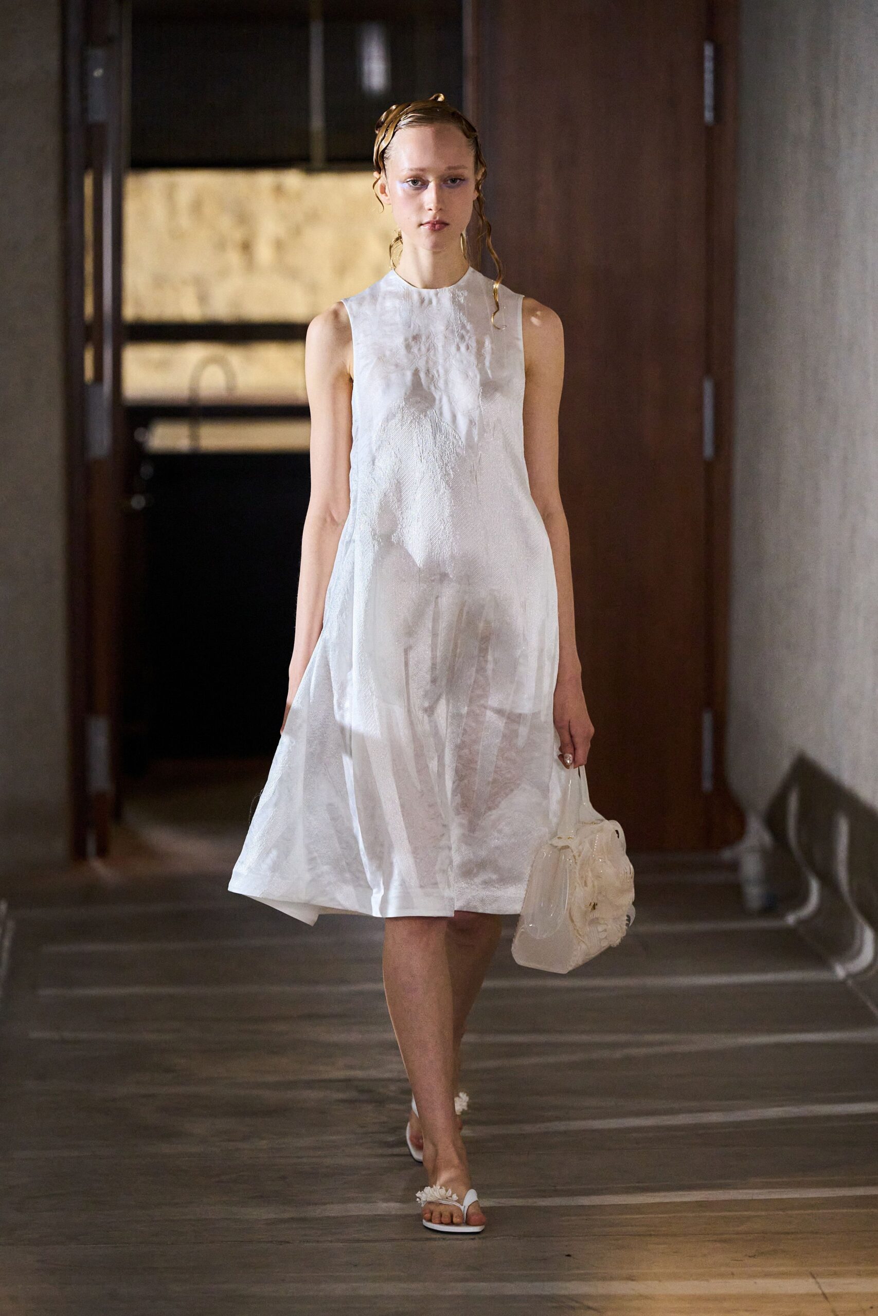 white silk sleeveless high-neck relaxed pleated sheer dress