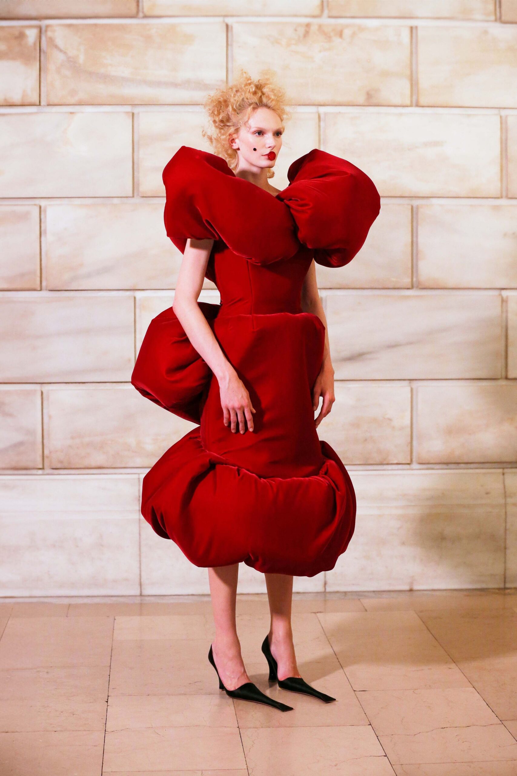 red silk sleeveless v-neck fitted ruffled layered dress