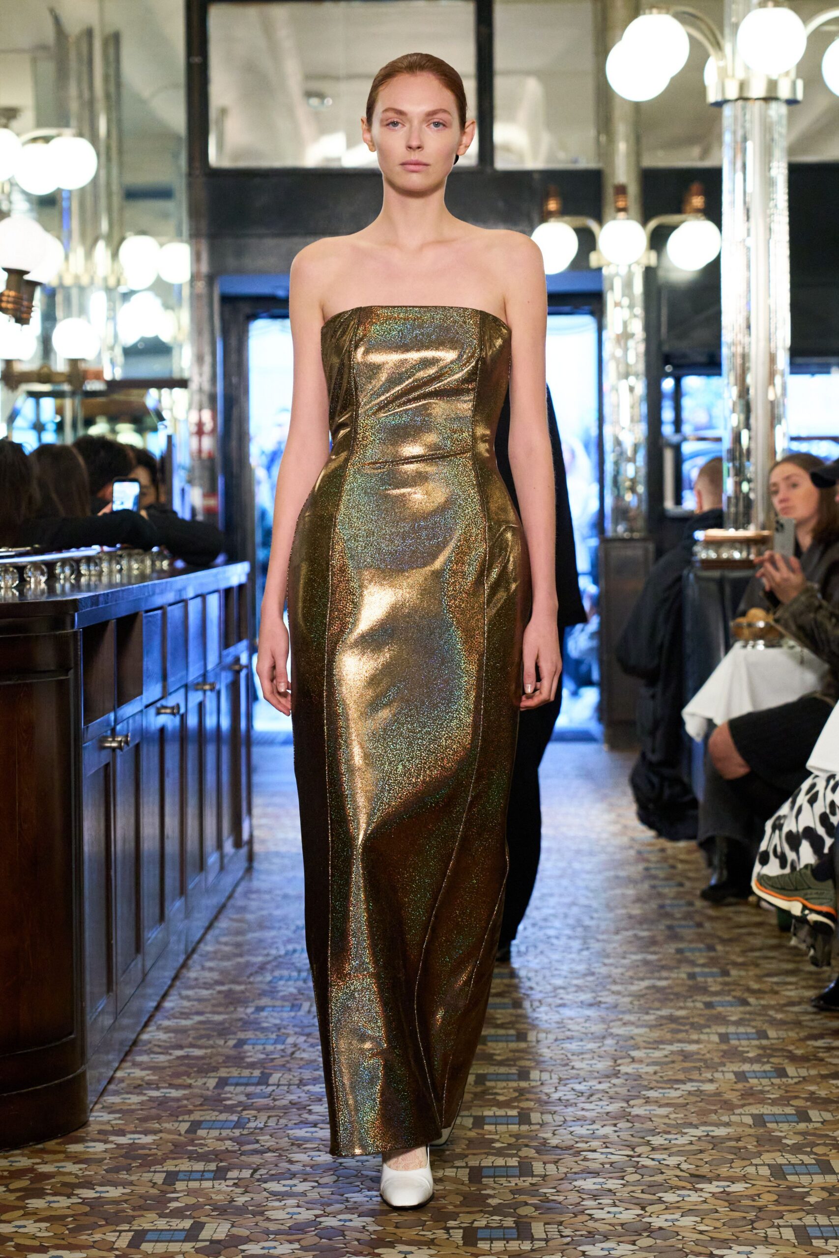 gold satin strapless fitted draped shiny maxi gown