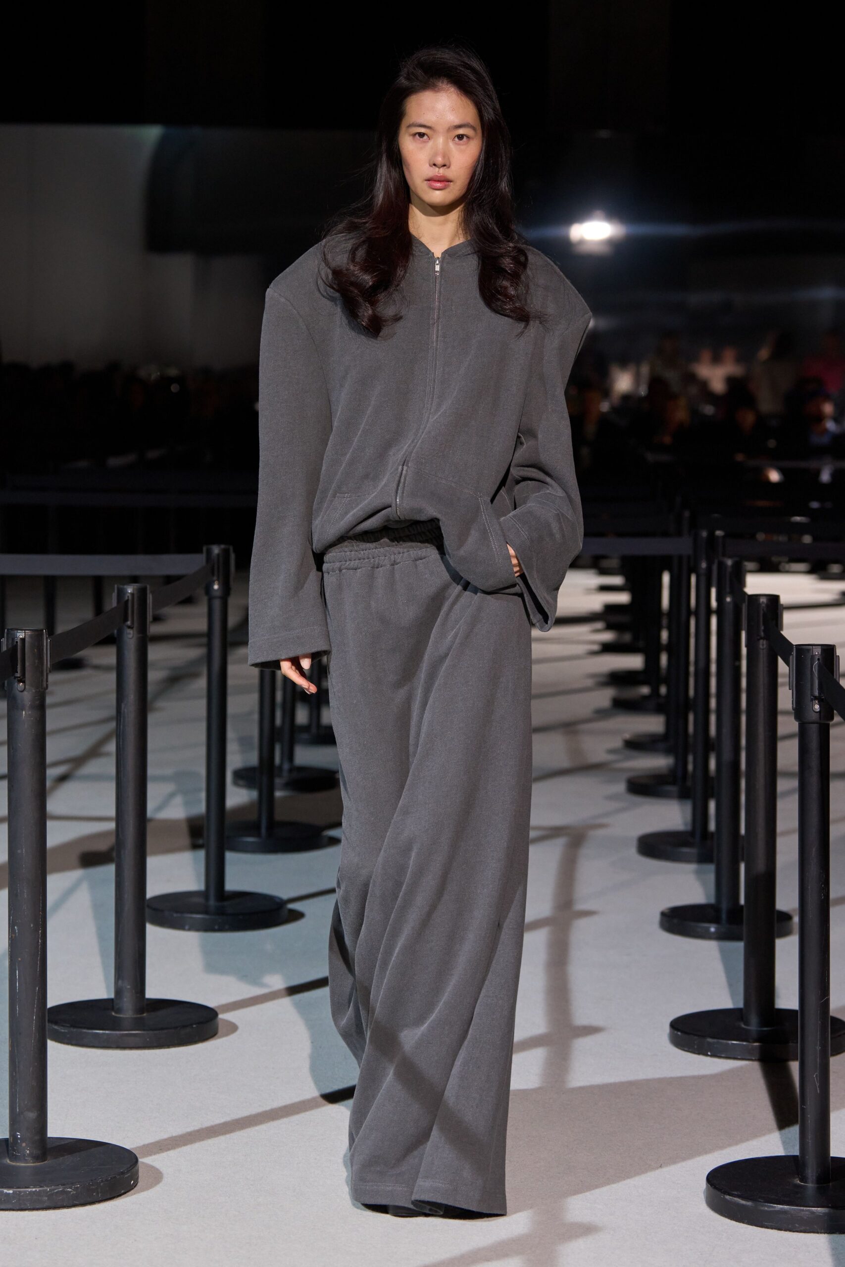 gray oversized jacket and relaxed pants