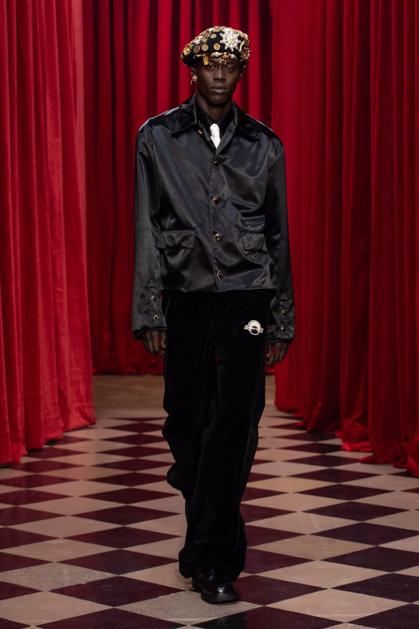 black silk jacket with velvet pants