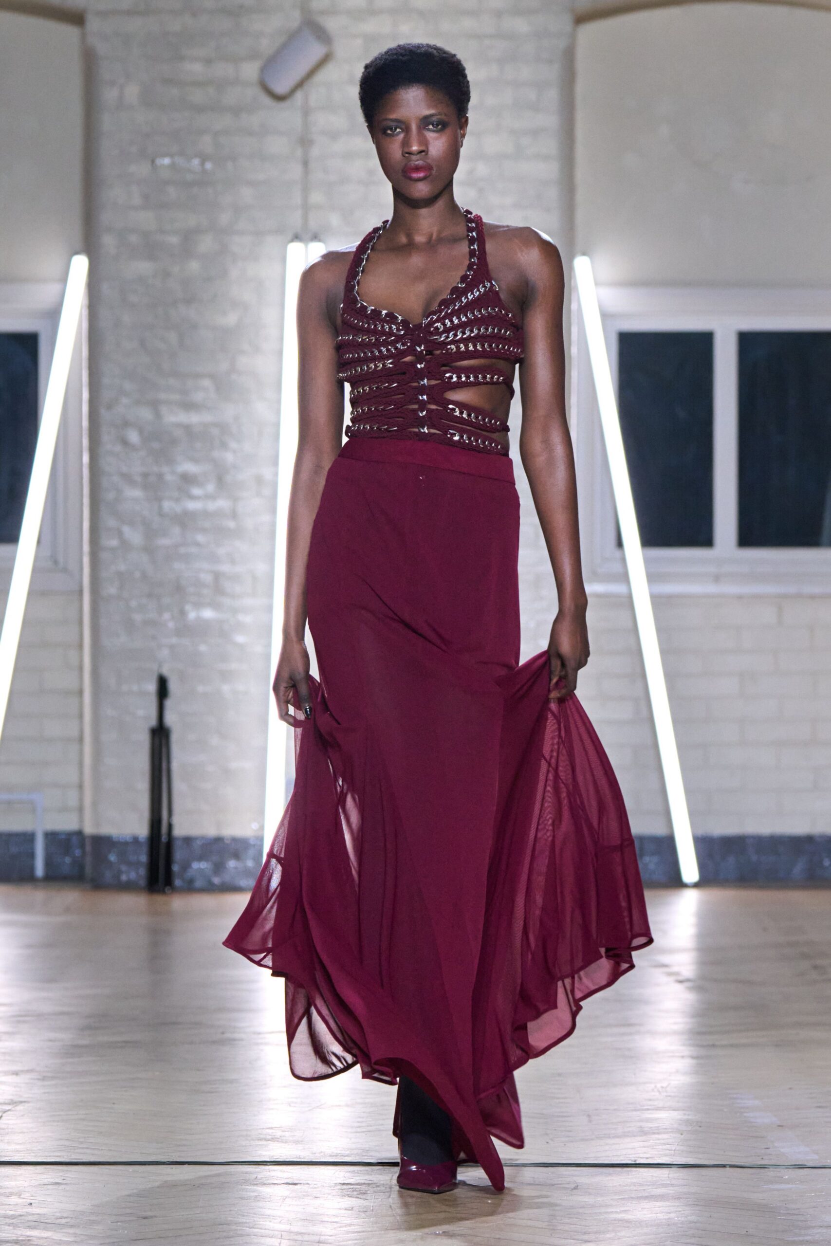 maroon silk sleeveless v-neck fitted pleated embellished gown