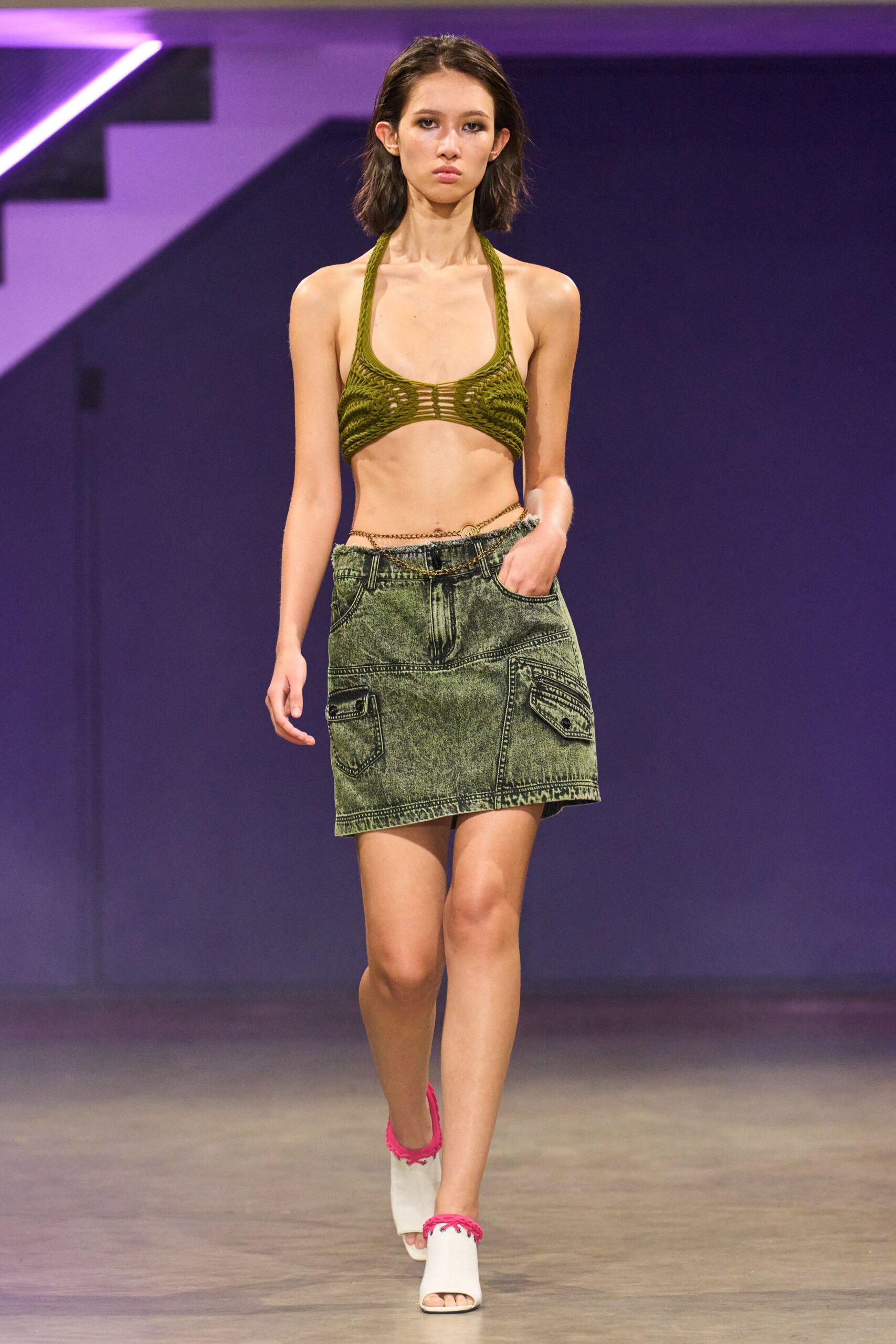 green halter top gray denim skirt