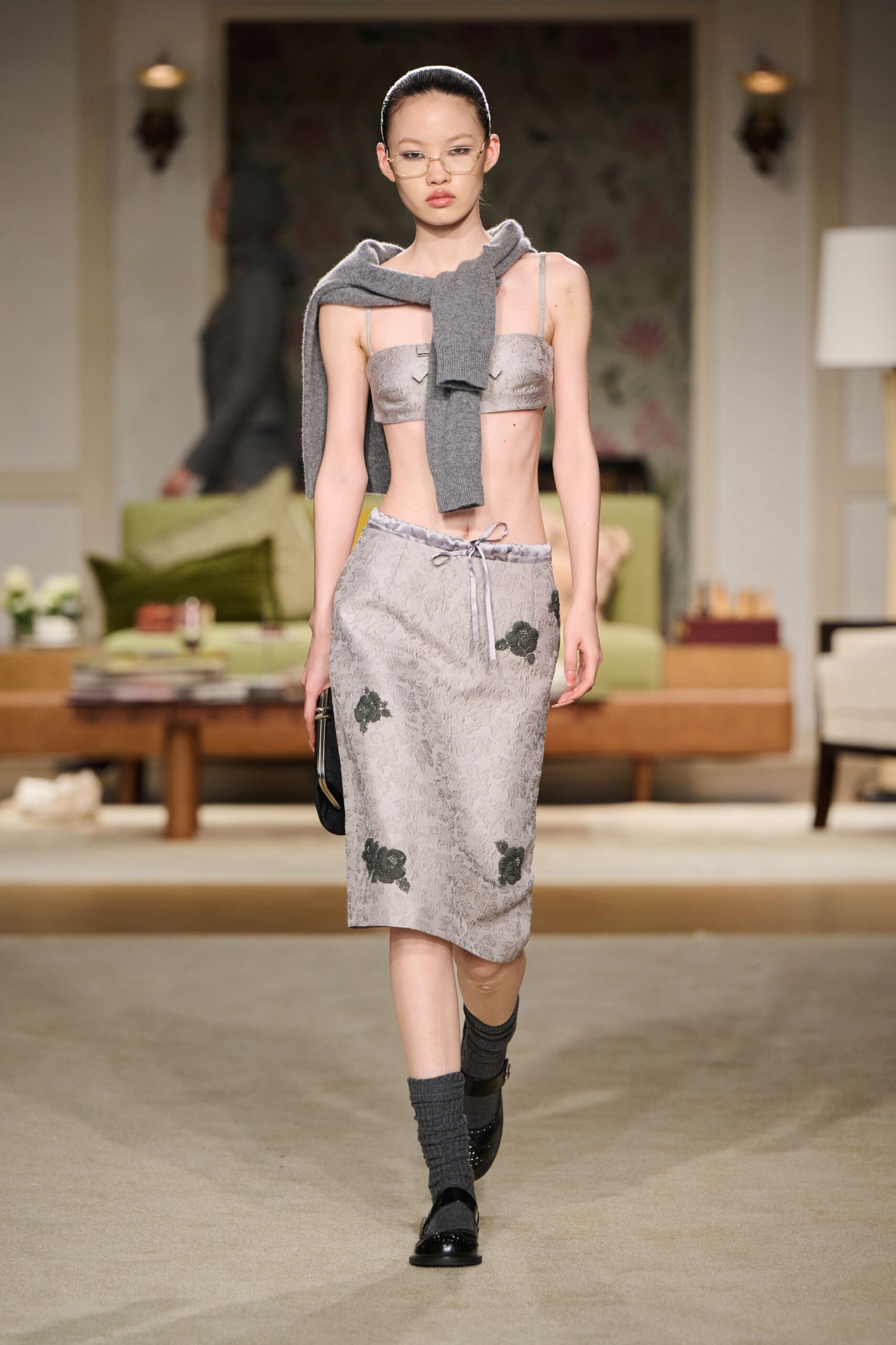 gray cotton sleeveless fitted embroidered cropped top