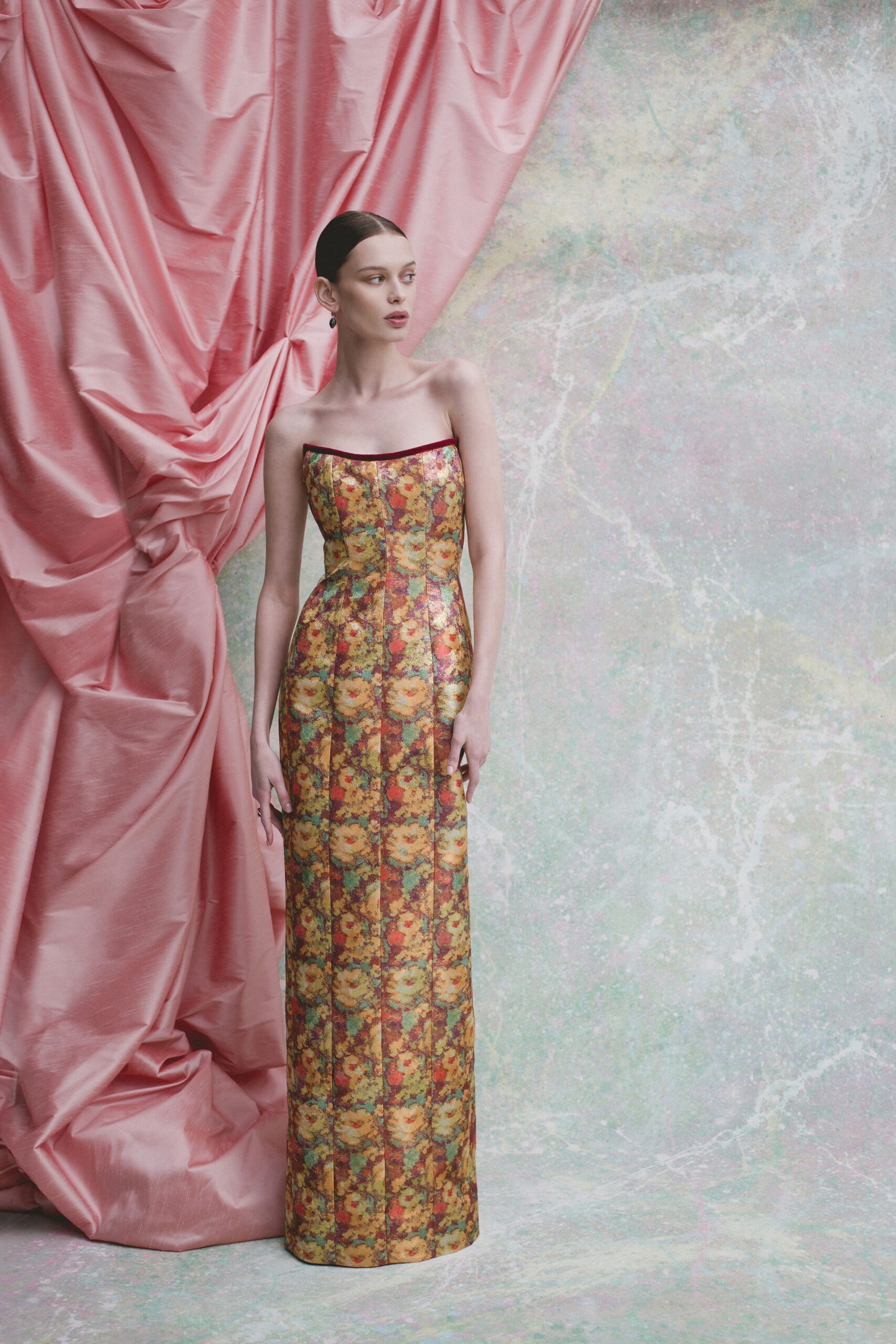 floral strapless silk gown