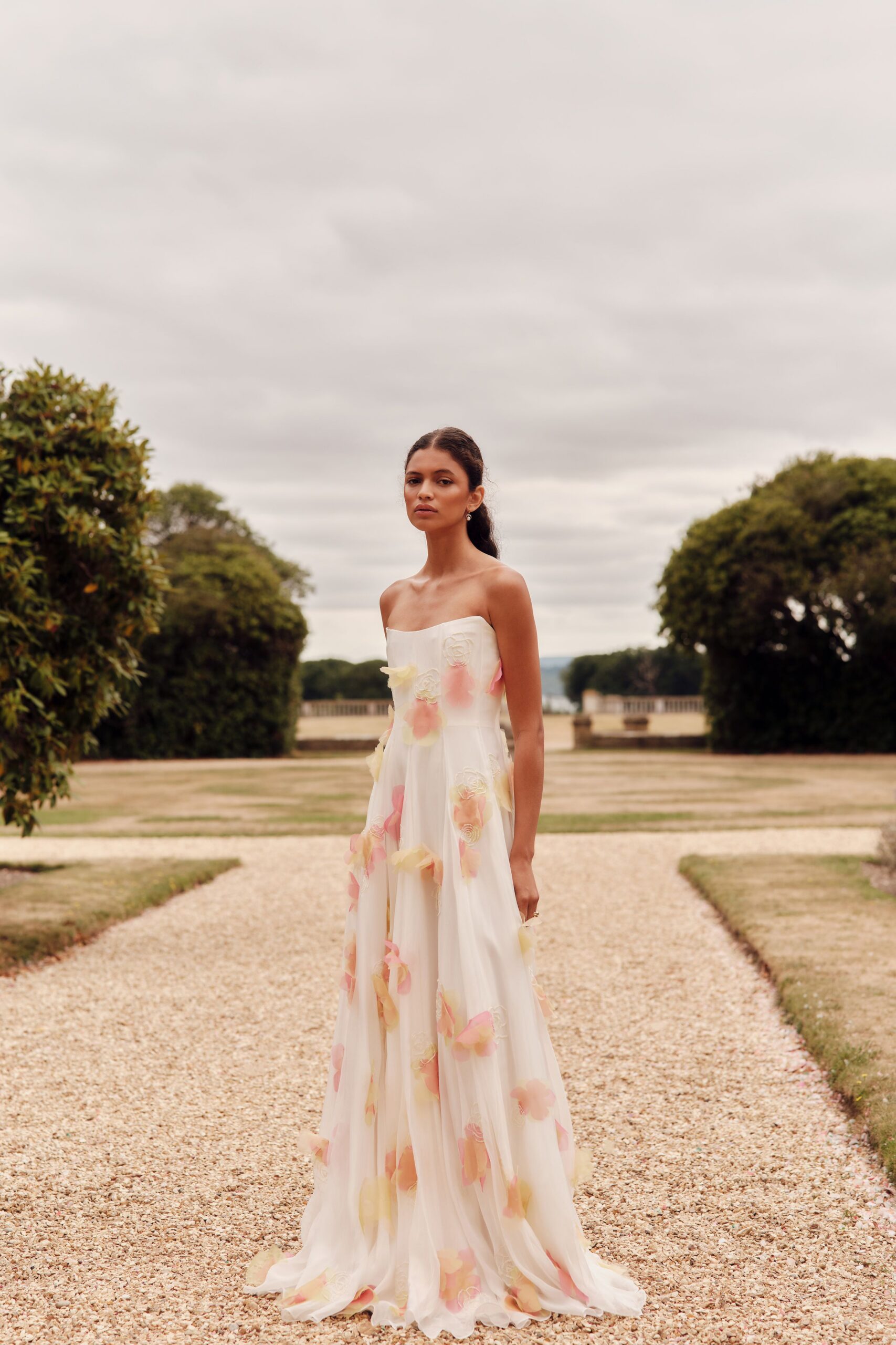 white floral strapless gown
