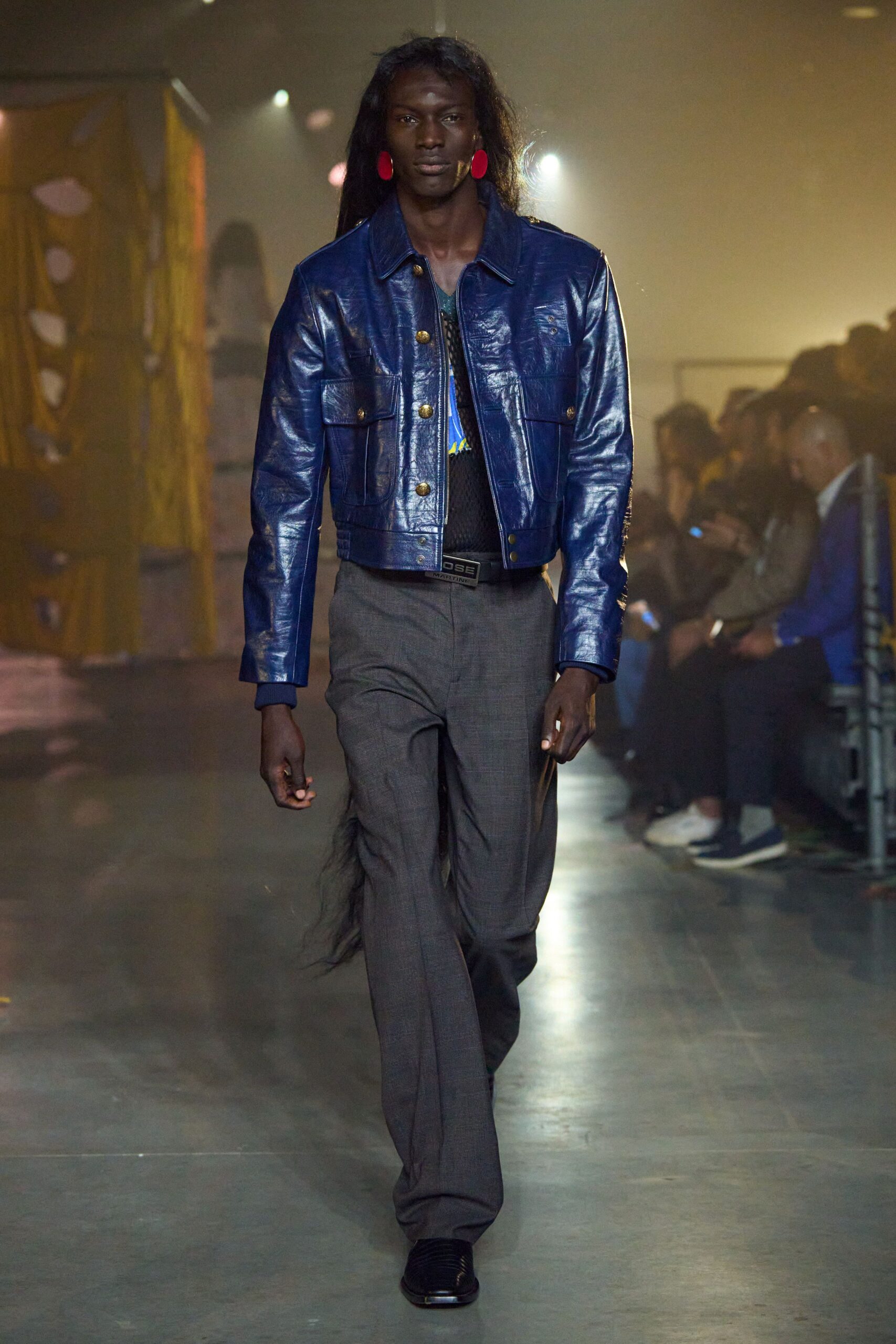 blue leather jacket gray pants