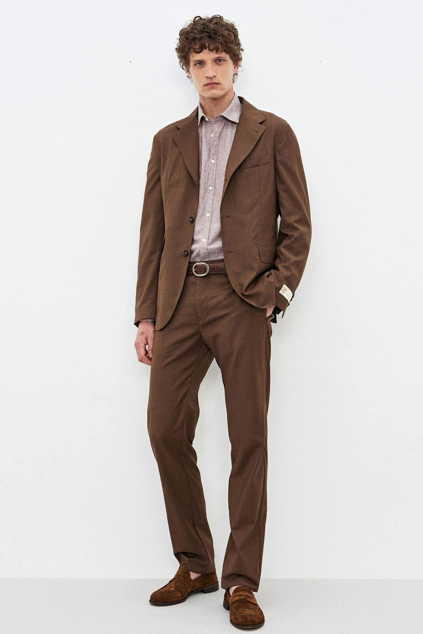 brown cotton long-sleeve collared tailored buttoned suit