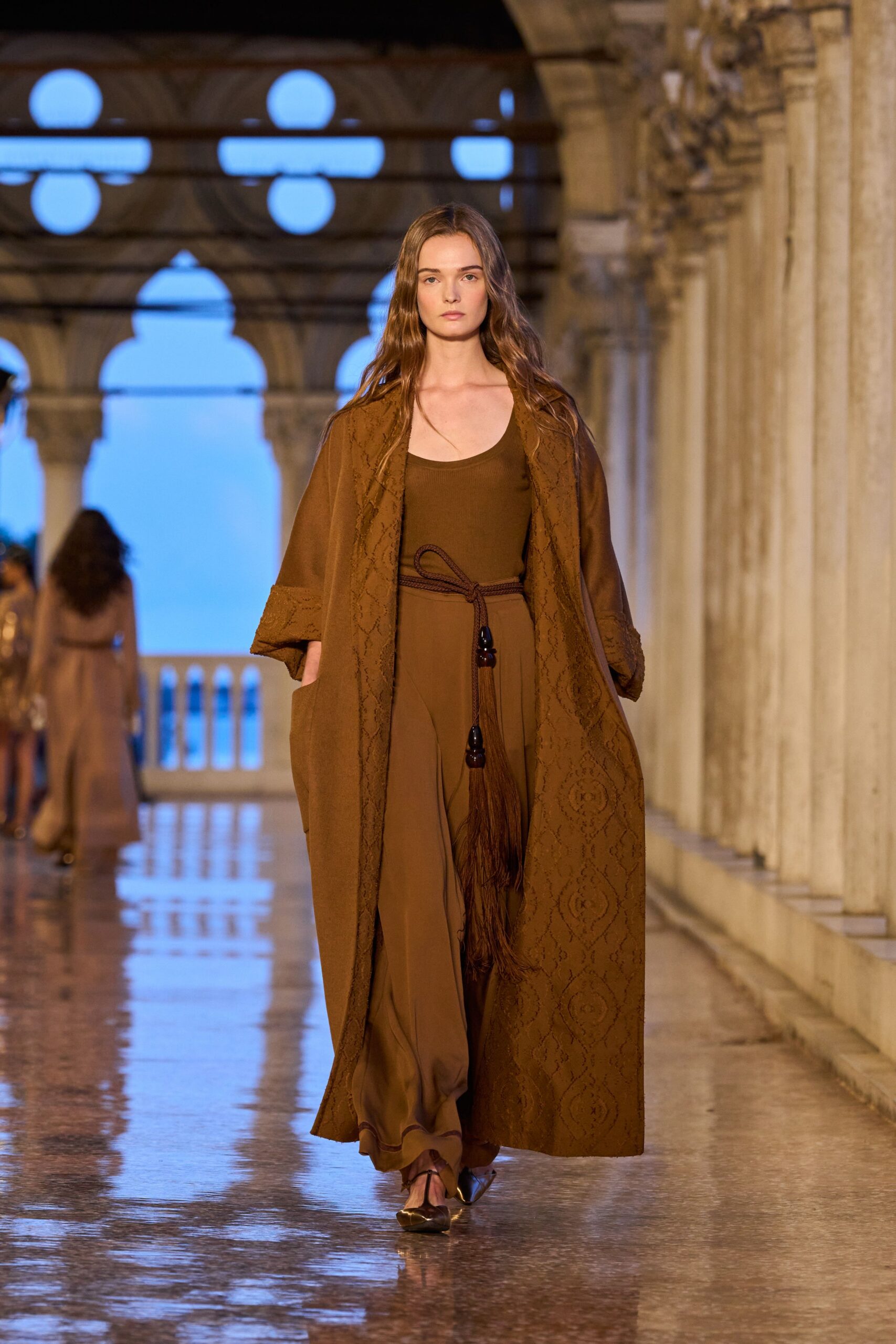 brown embroidered coat and jumpsuit