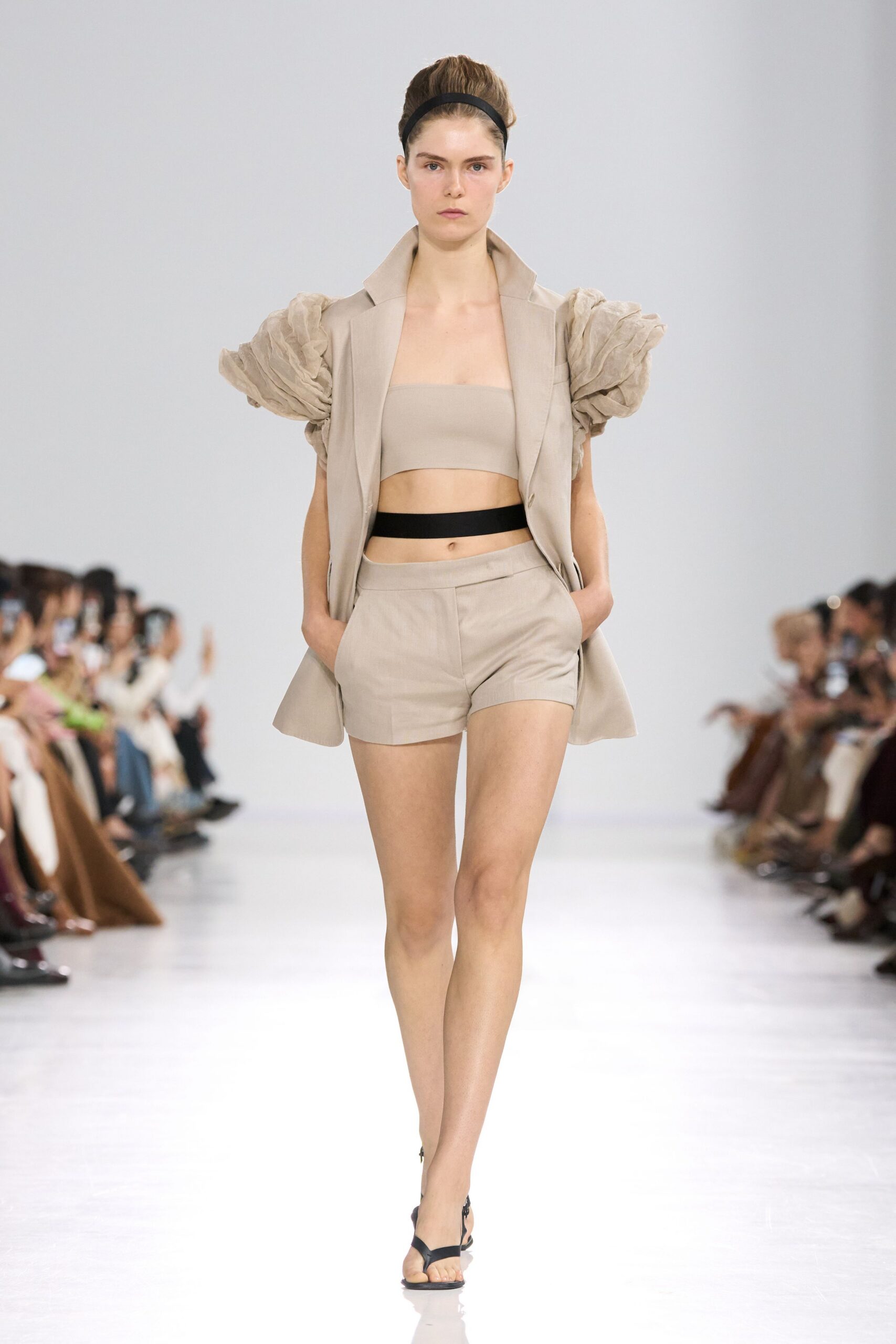 beige structured blazer with crop-top