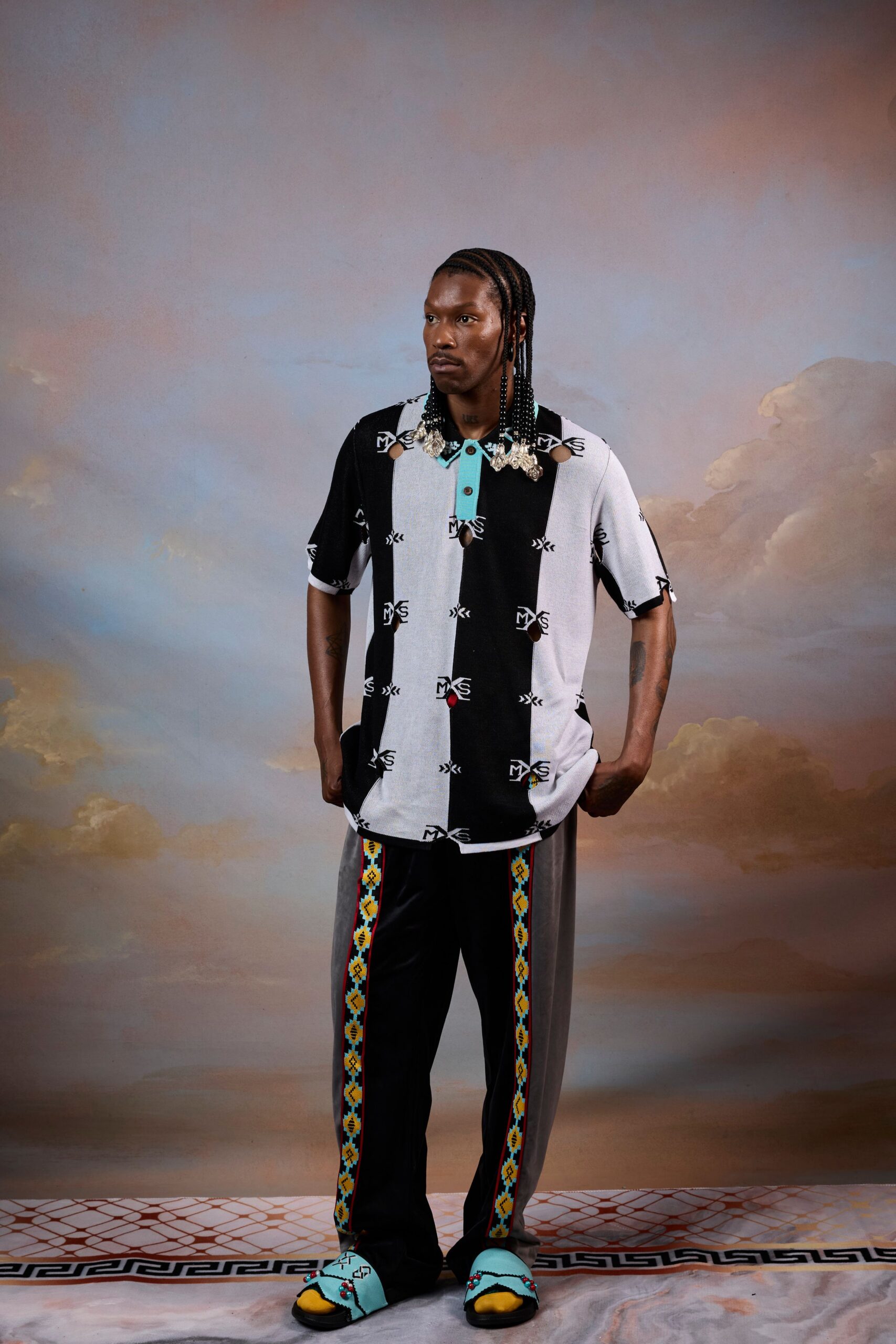 black and white printed shirt with relaxed pants