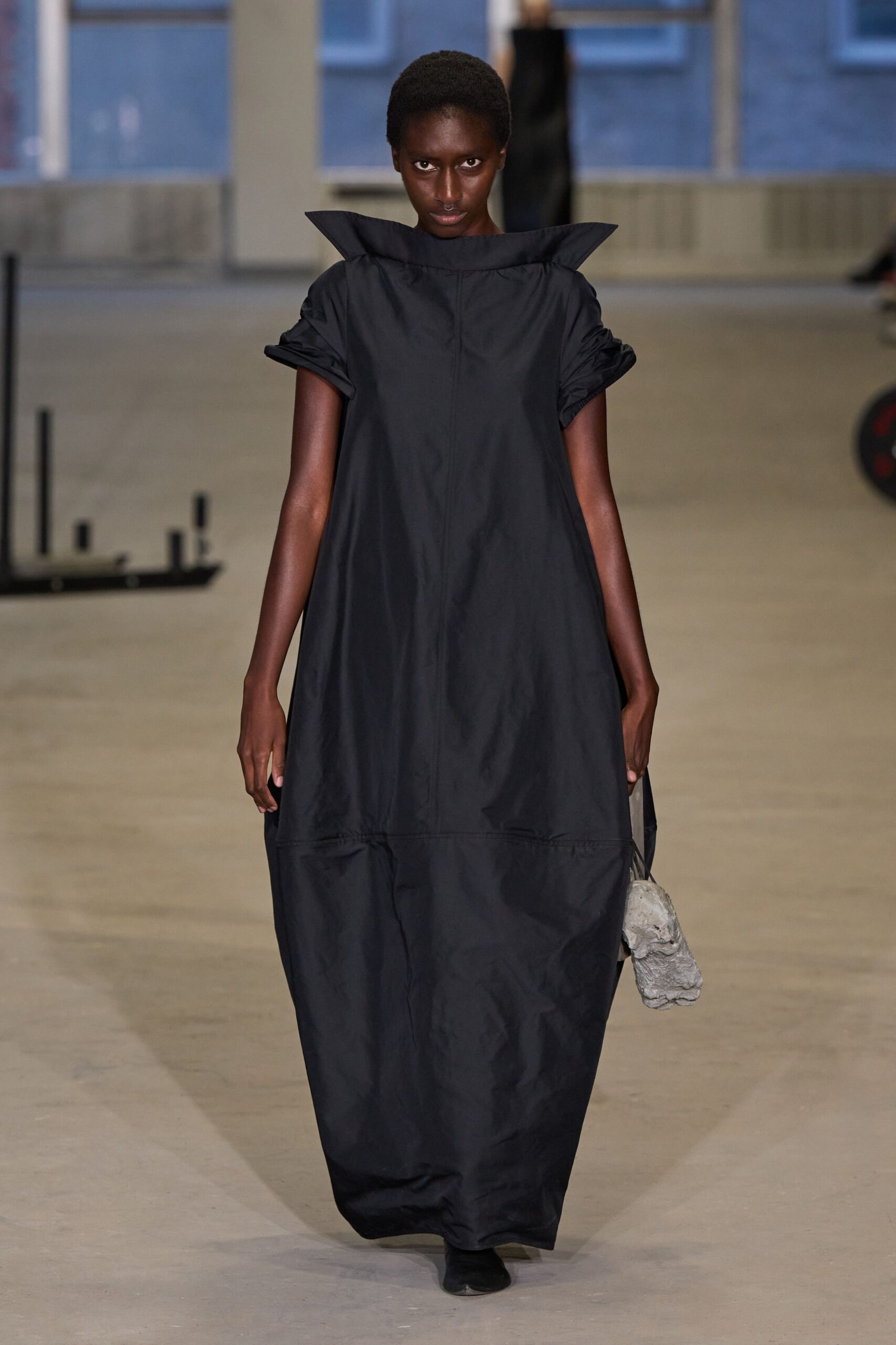 black cotton short-sleeve high-neck relaxed draped maxi dress