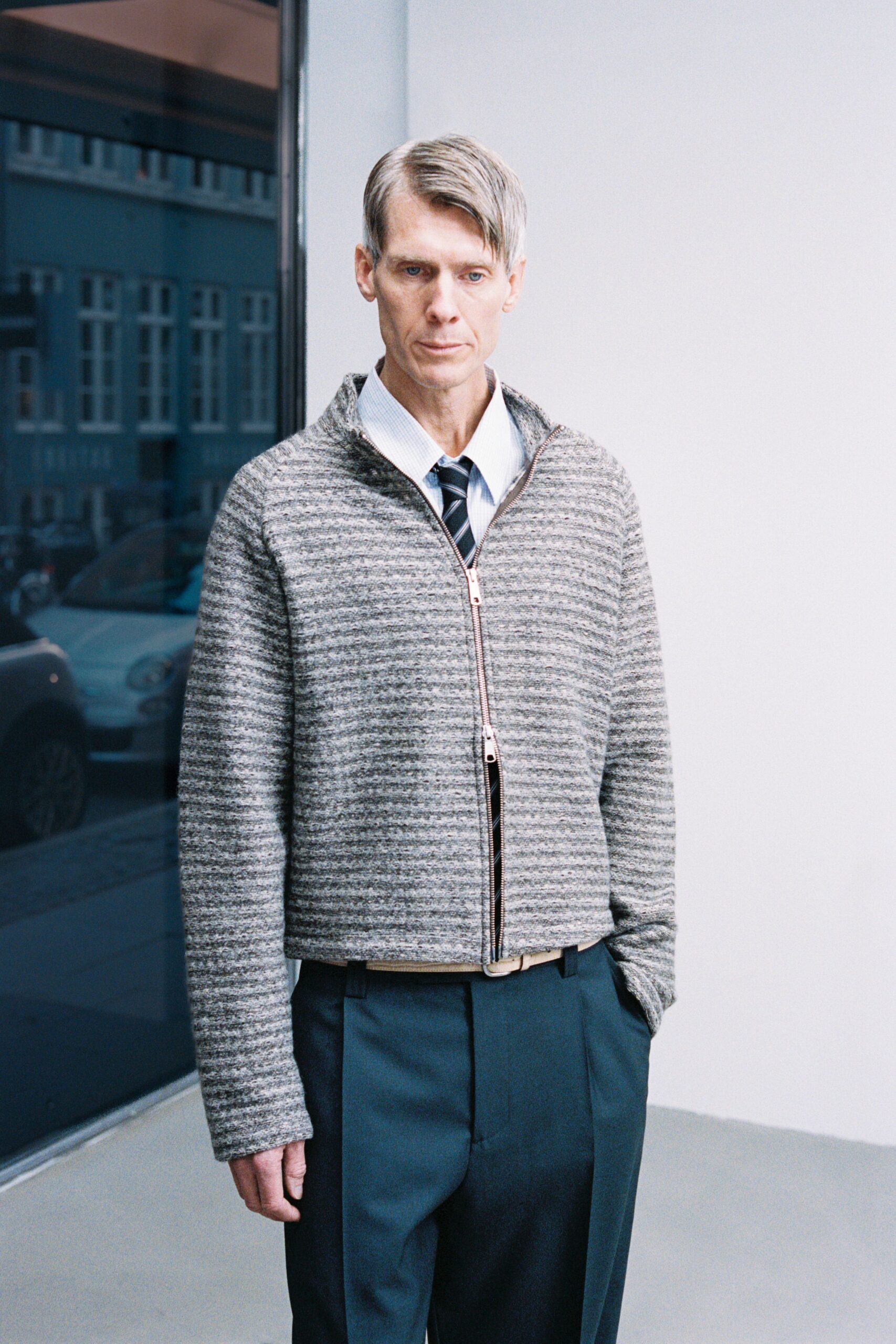 gray wool long-sleeve collared relaxed striped zippered jacket