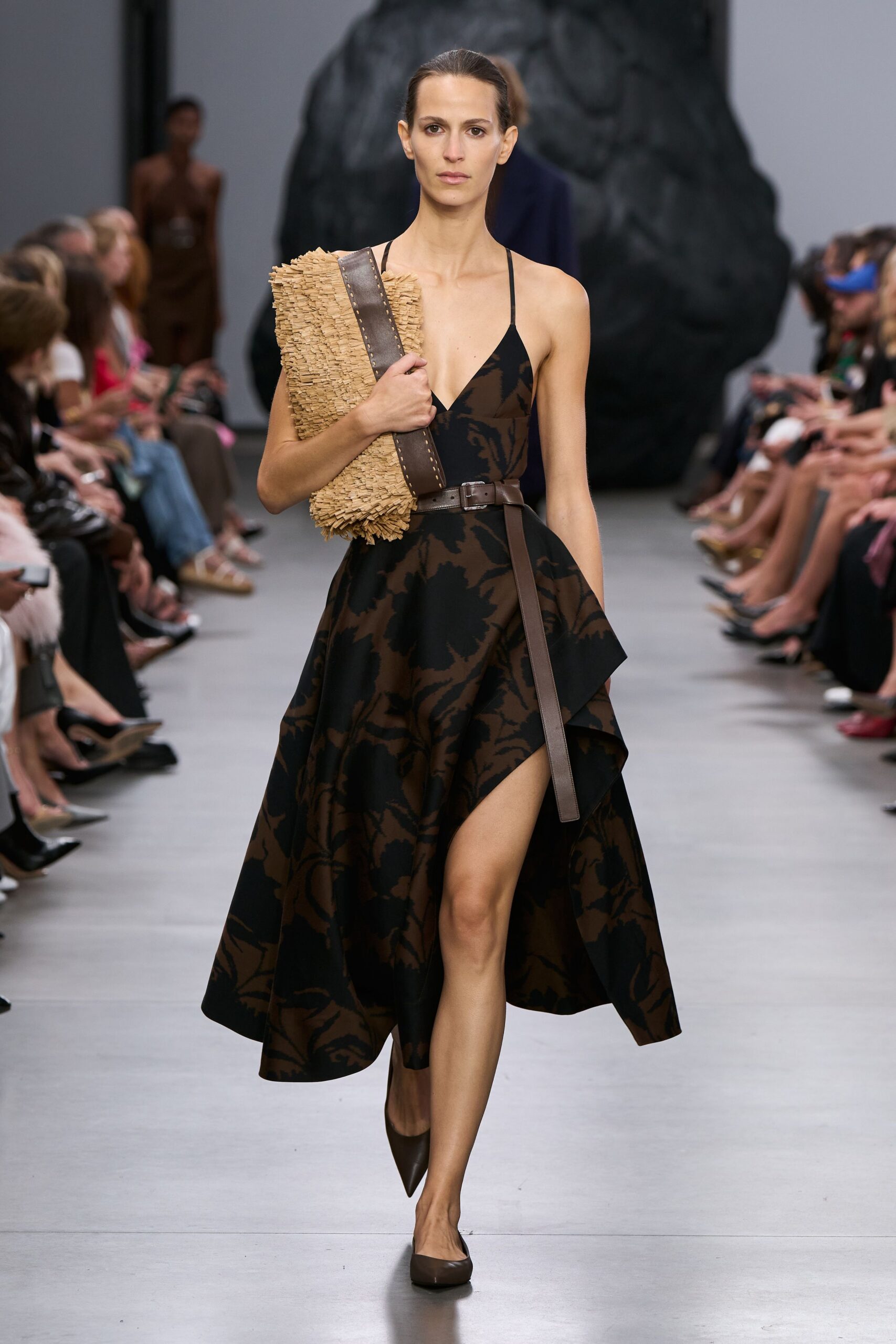 black silk sleeveless v-neck fitted flared printed dress