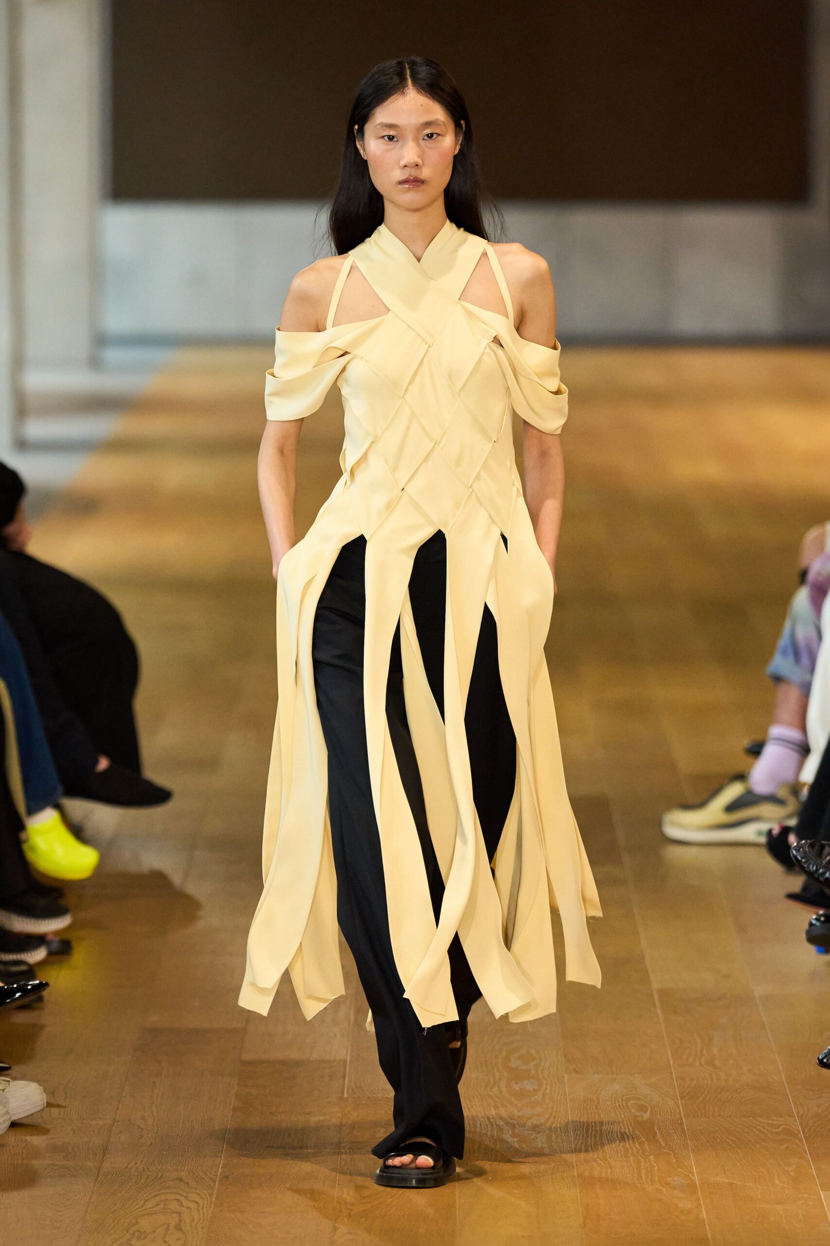 yellow silk sleeveless halter fitted draped maxi dress