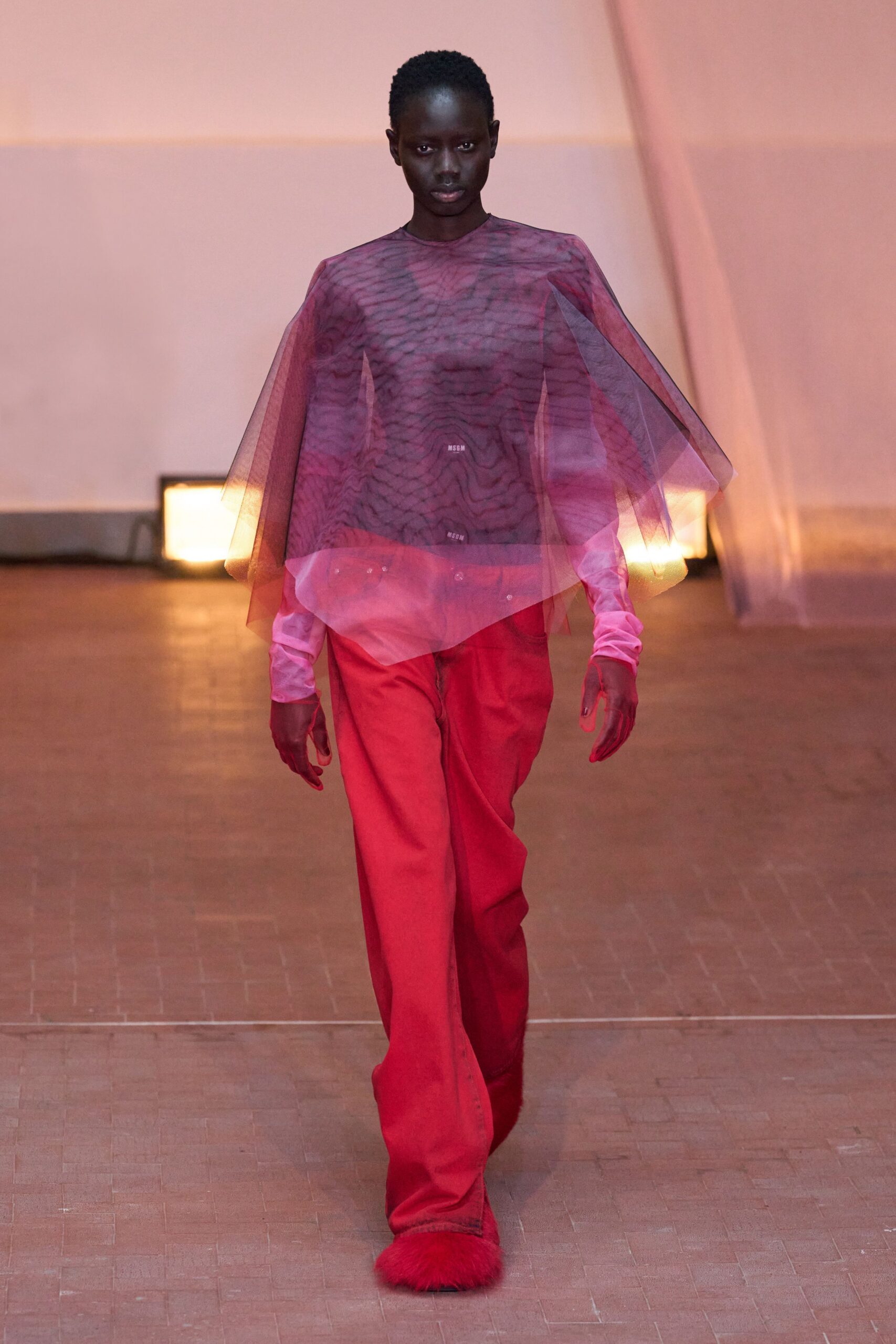 red tulle long-sleeve relaxed layered sheer top