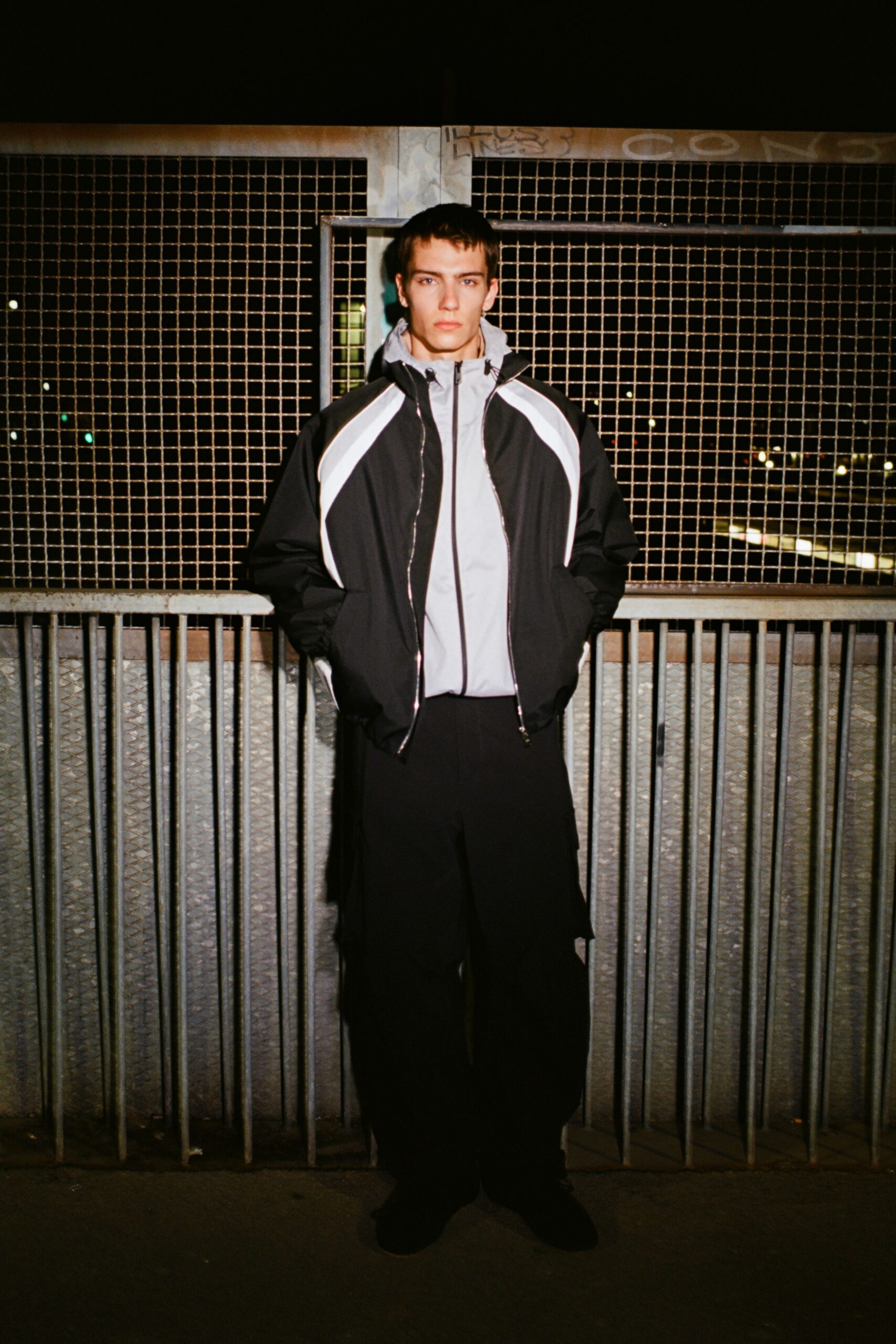 black and white relaxed jacket with cargo pants