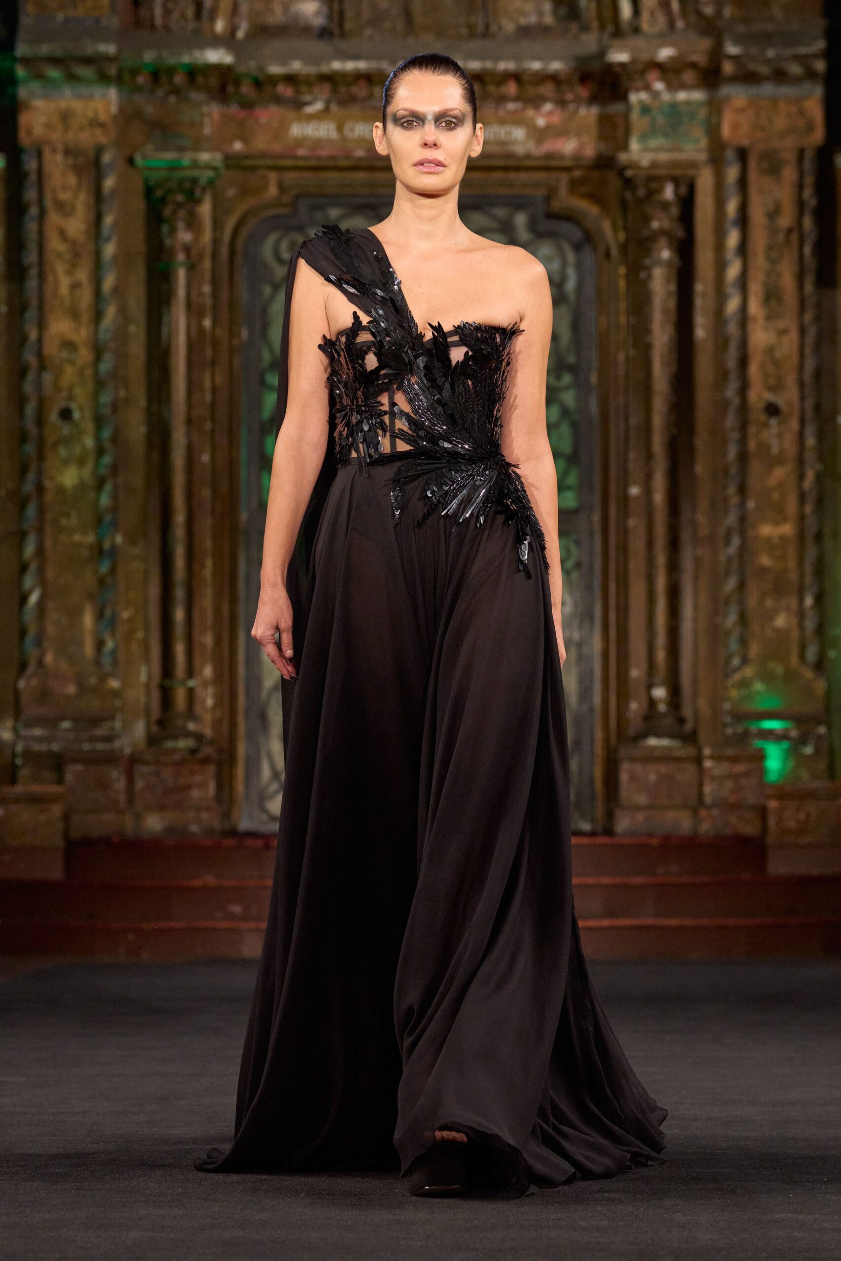 black silk sleeveless gown