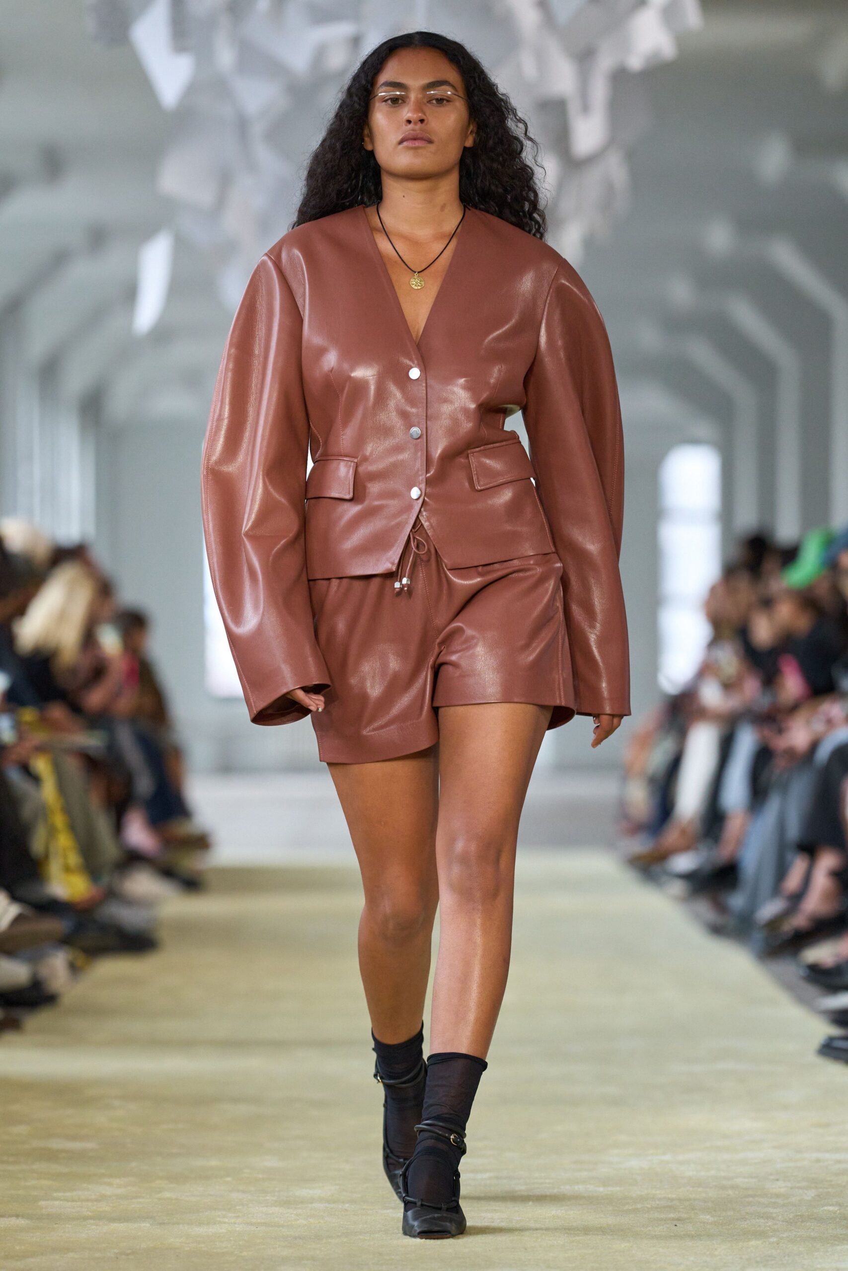 brown leather long-sleeve collared relaxed buttoned jacket