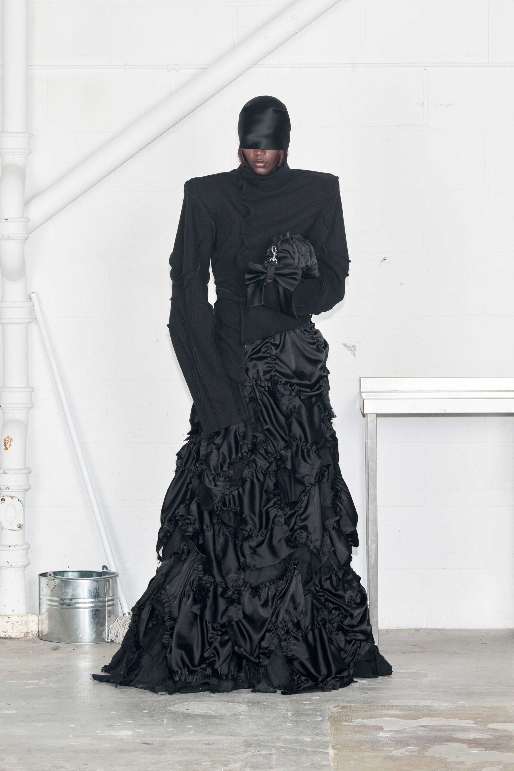 black silk ruffled gown