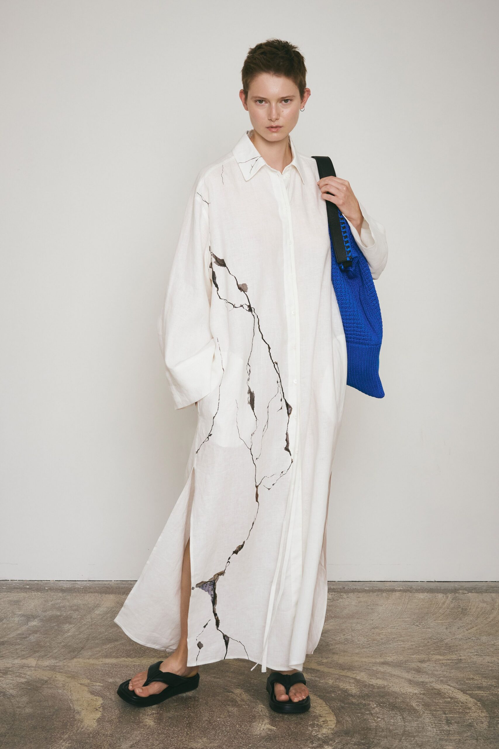 white linen long-sleeve collared relaxed printed maxi shirt-dress