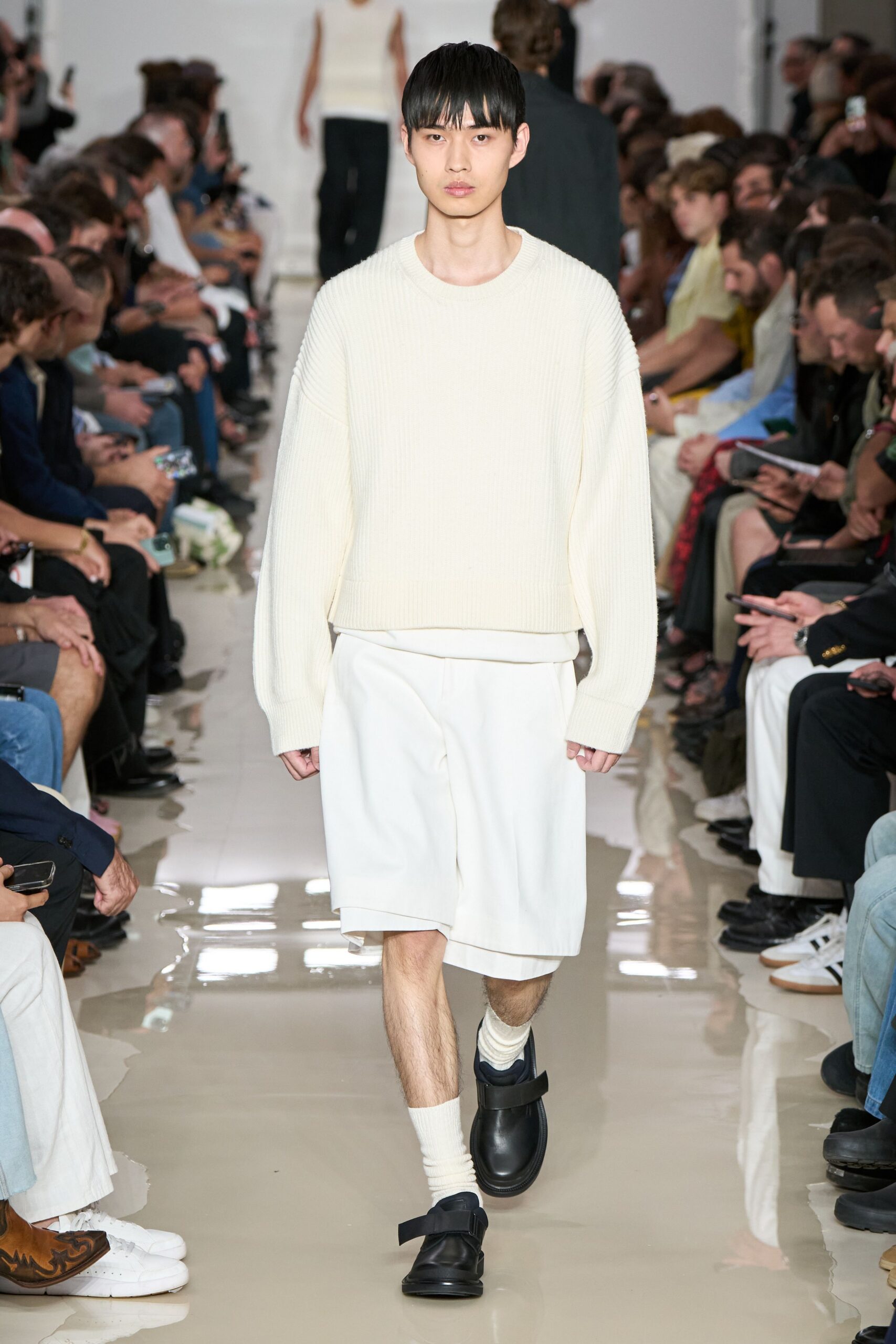 white relaxed sweater and shorts