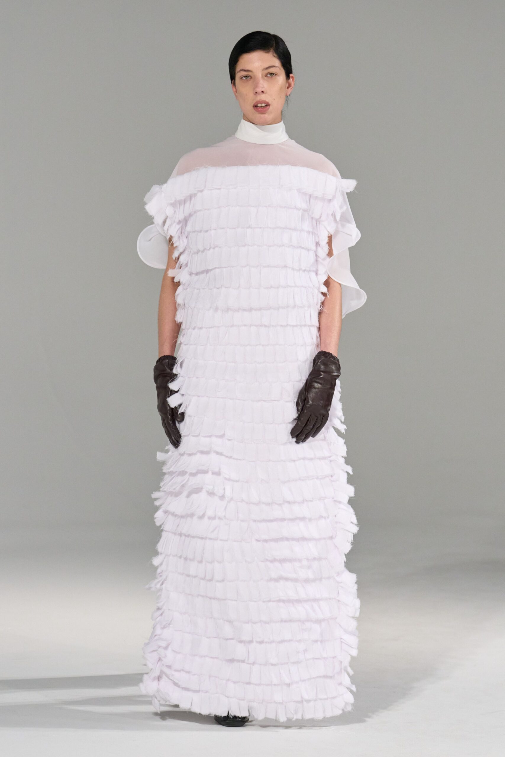 white cotton short-sleeve high-neck relaxed ruffled maxi gown