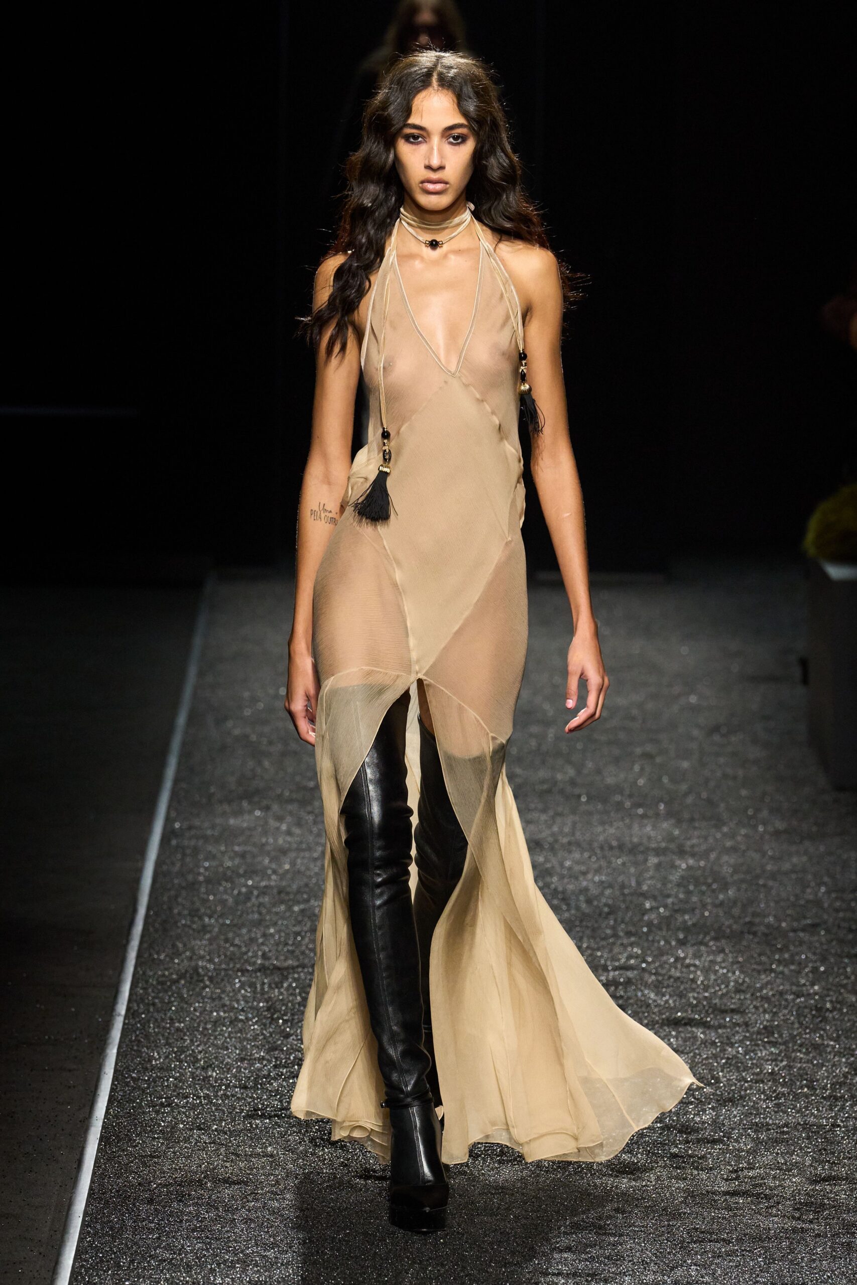 beige silk sleeveless v-neck fitted draped gown
