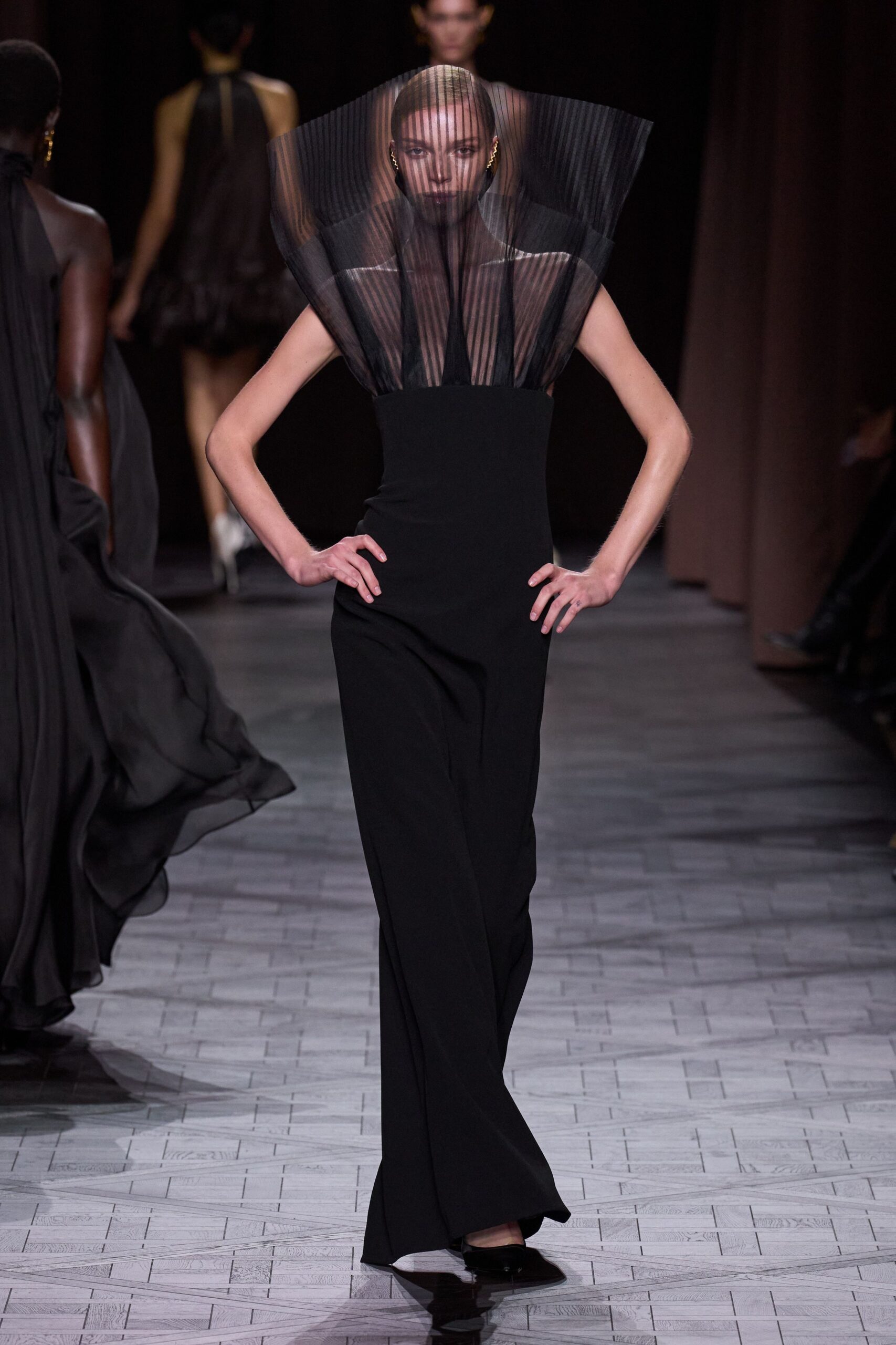 black silk pleated gown