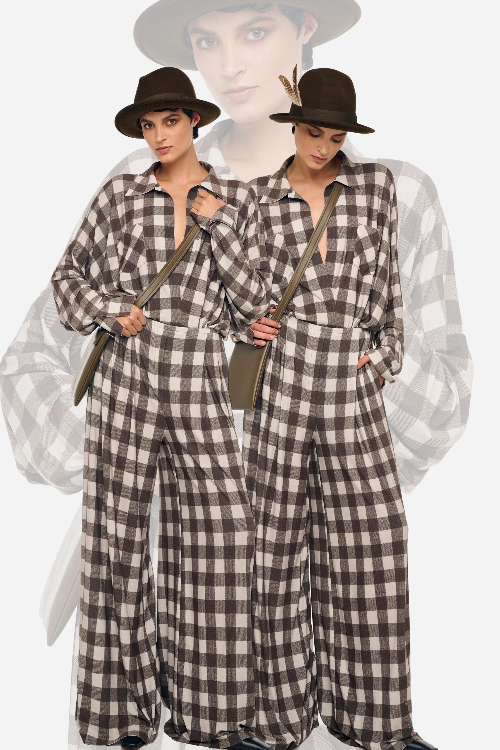brown and white checked jumpsuit