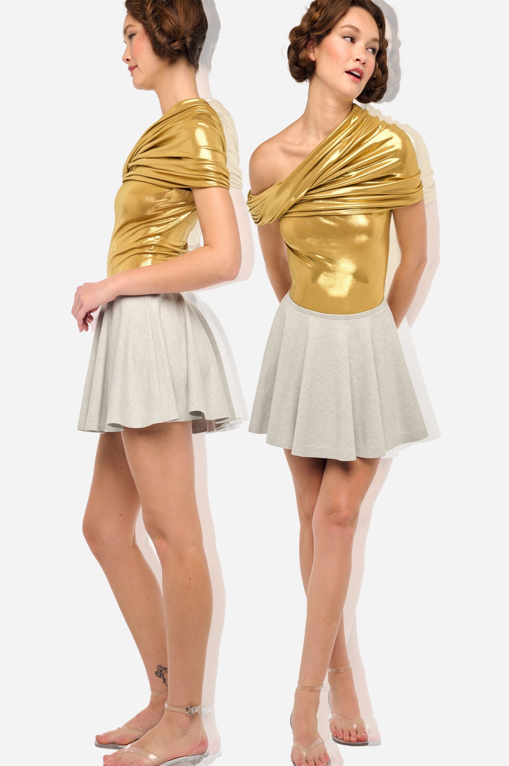gold metallic sleeveless off-shoulder fitted ruched flared dress