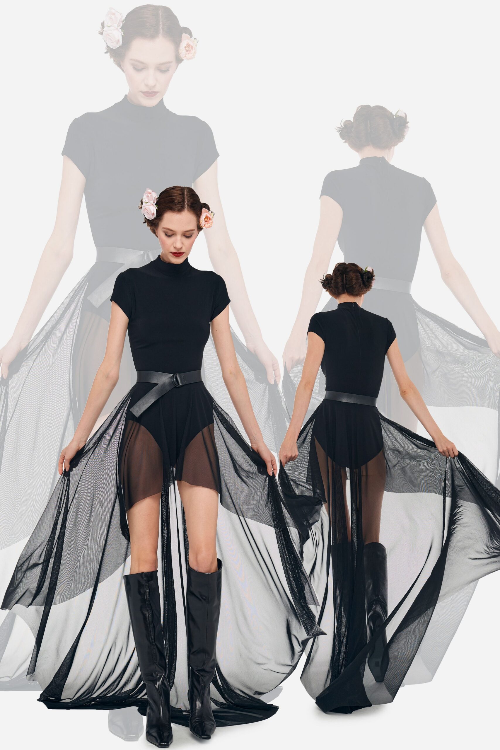 black mesh sleeveless high-neck fitted layered flared dress