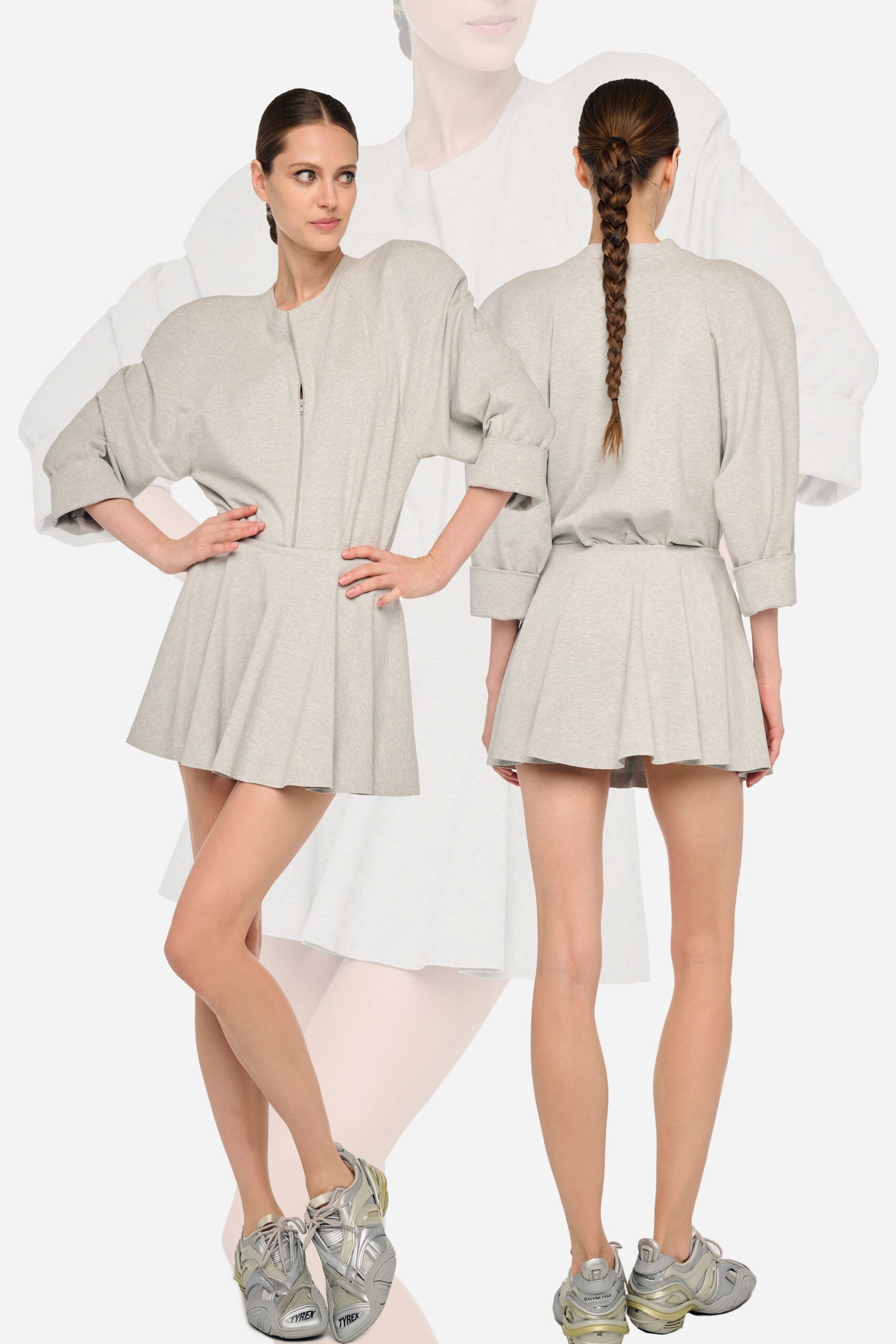 gray relaxed mini dress with shoes