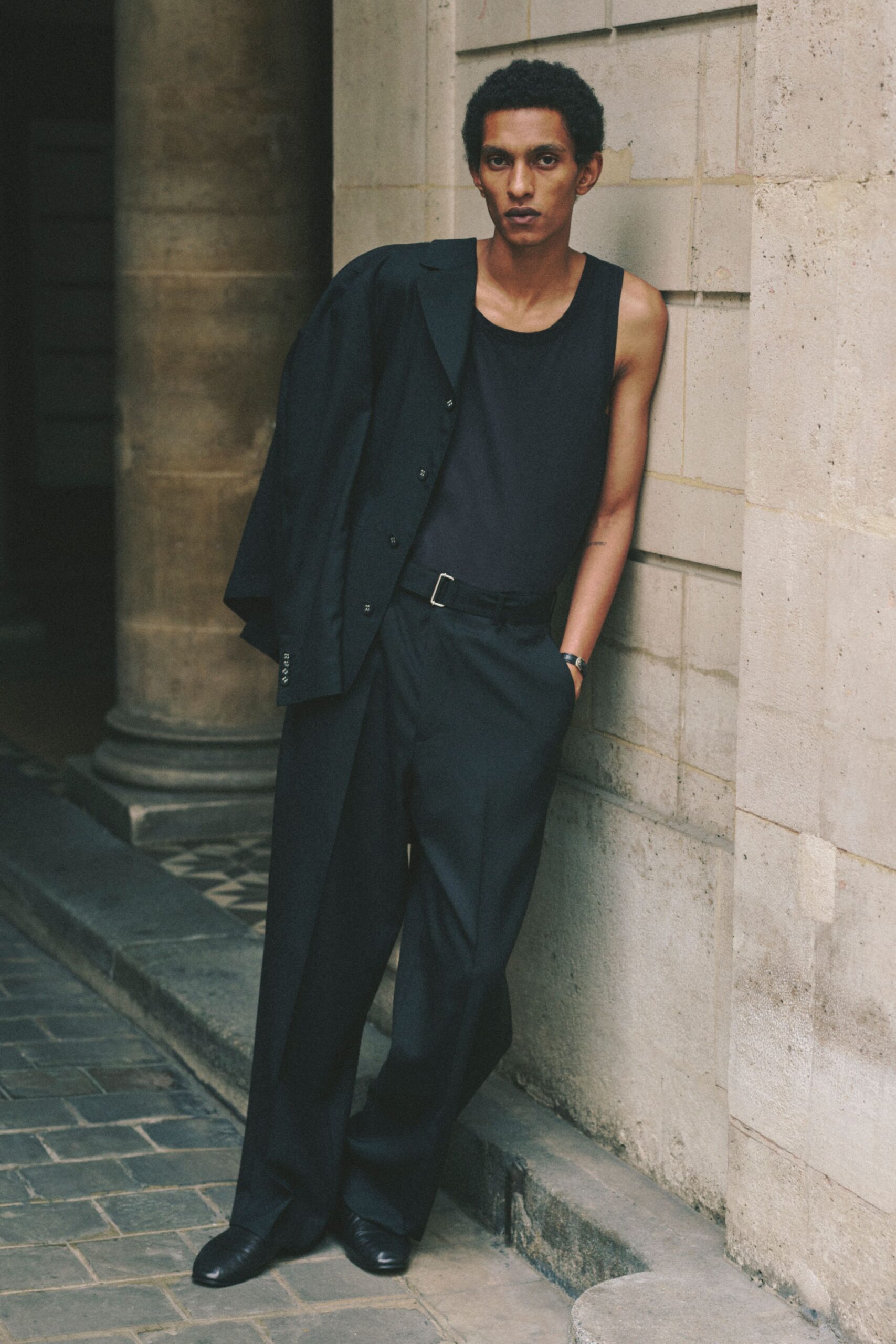 black tailored blazer and tank-top