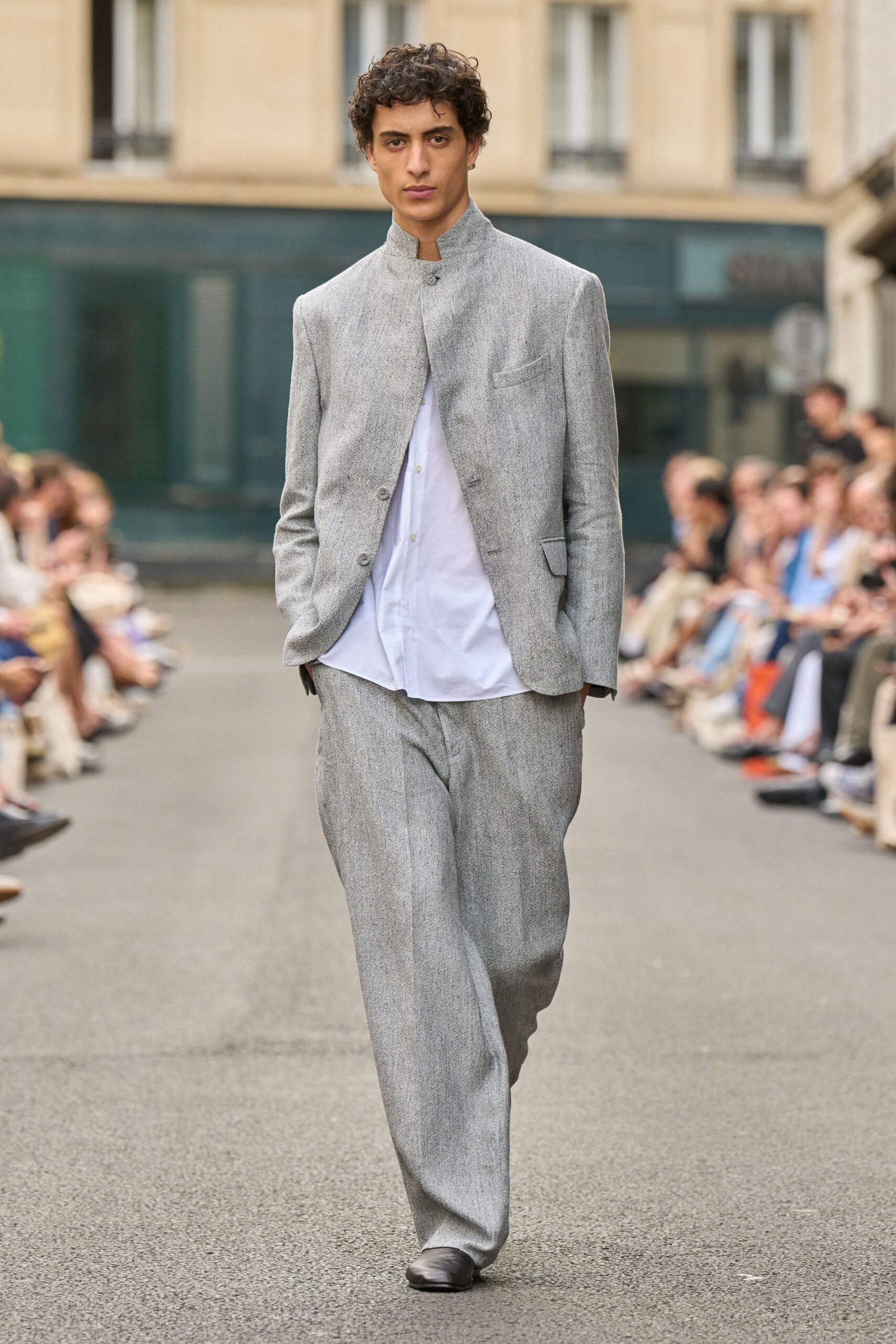gray cotton suit with white shirt