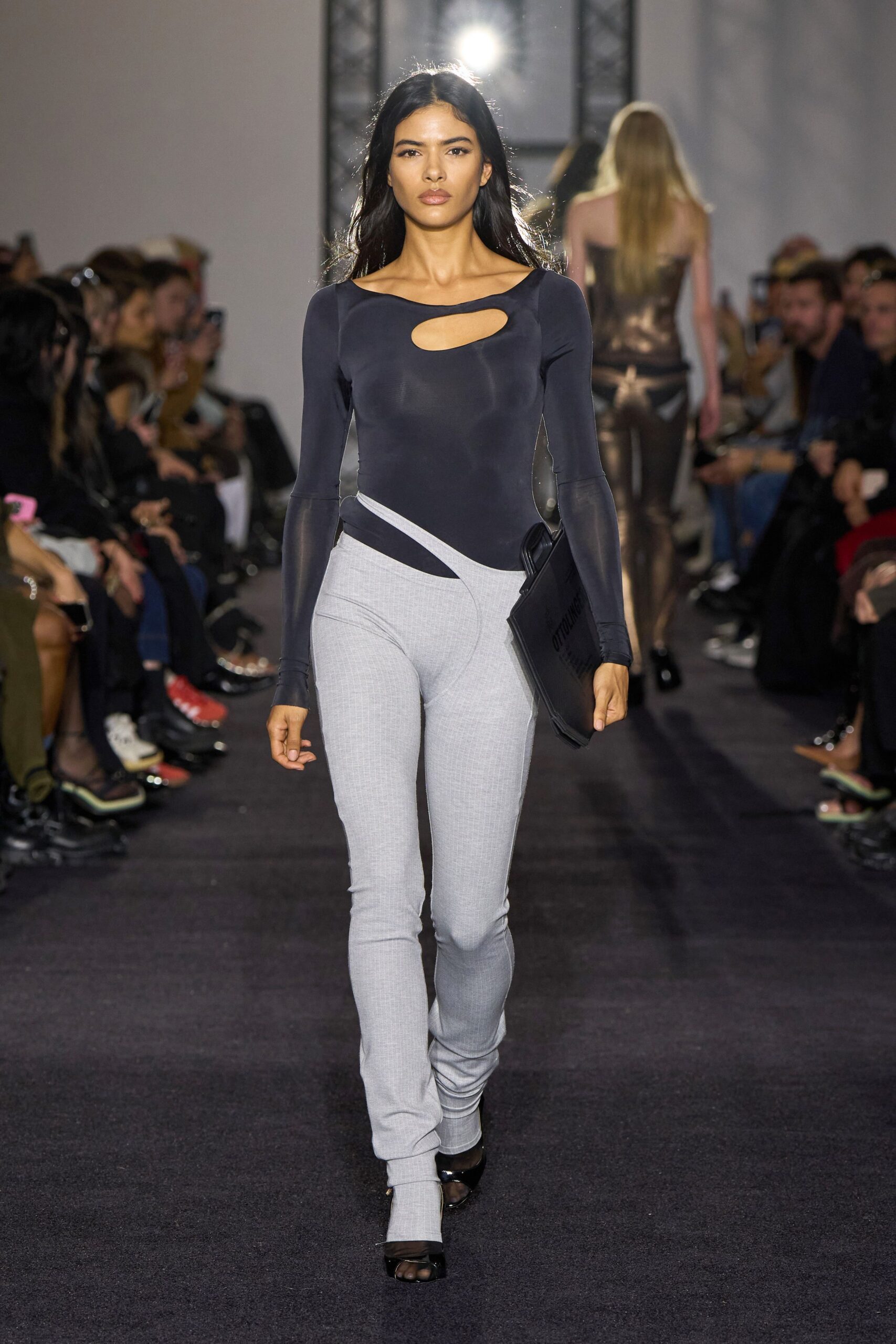 black bodysuit gray pants
