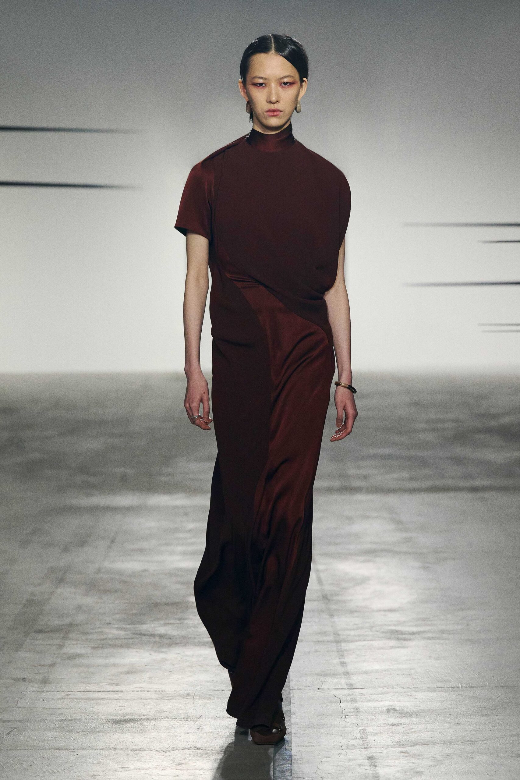 red silk short-sleeve high-neck fitted draped maxi gown