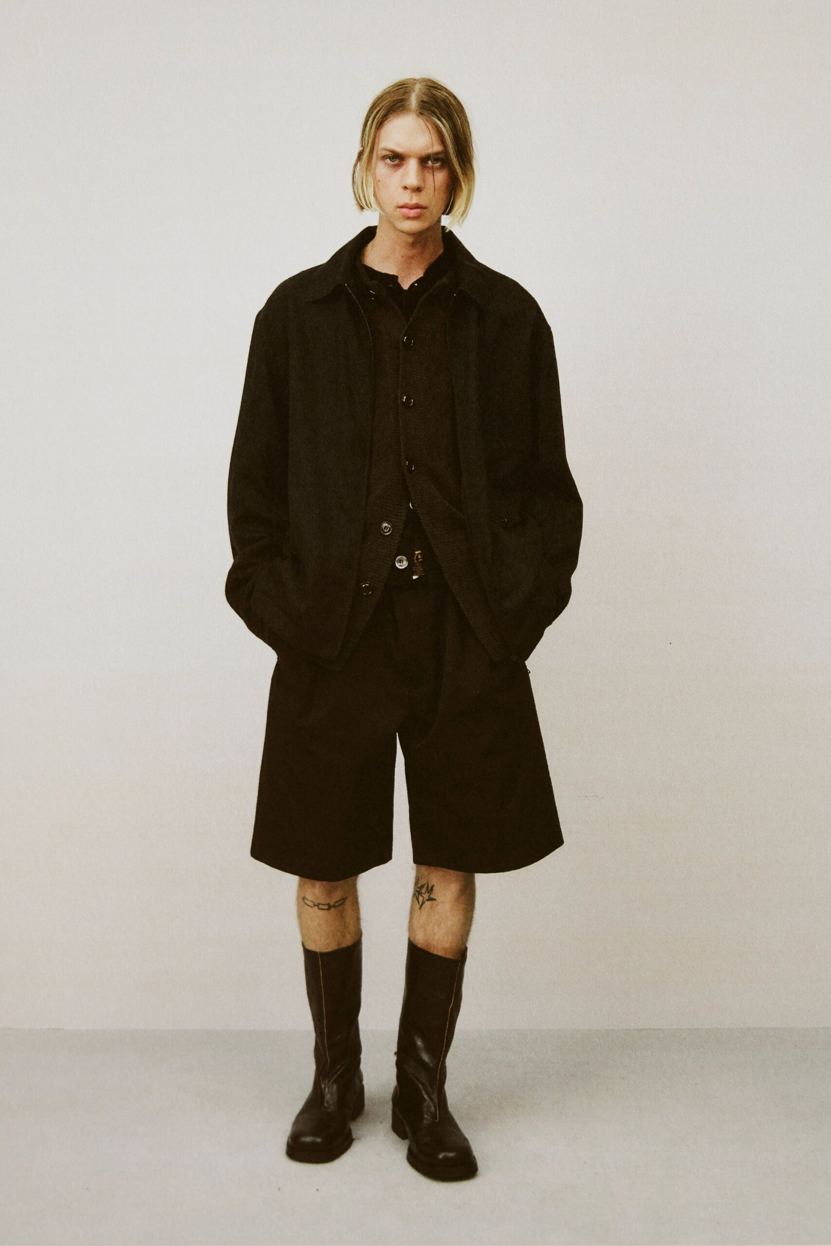 black wool jacket and shorts