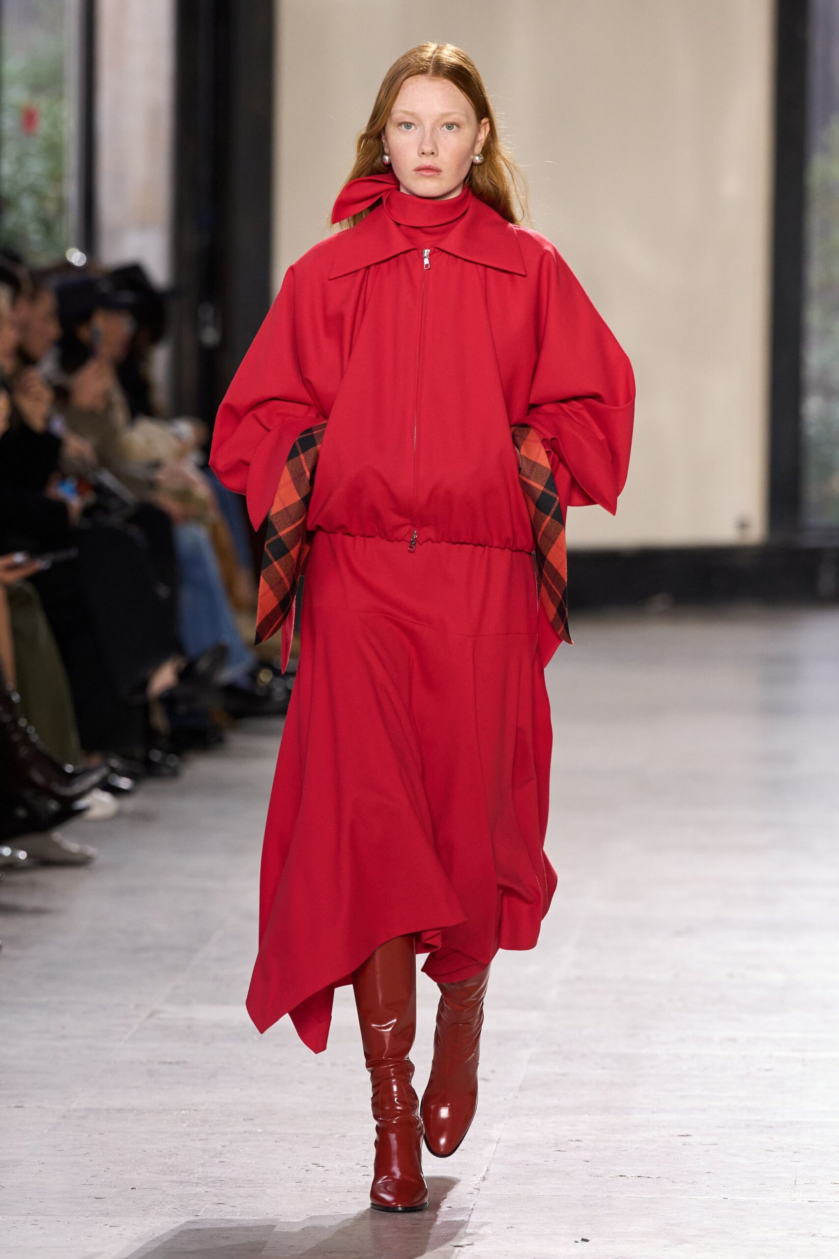 red cotton long-sleeve collared relaxed zippered layered dress
