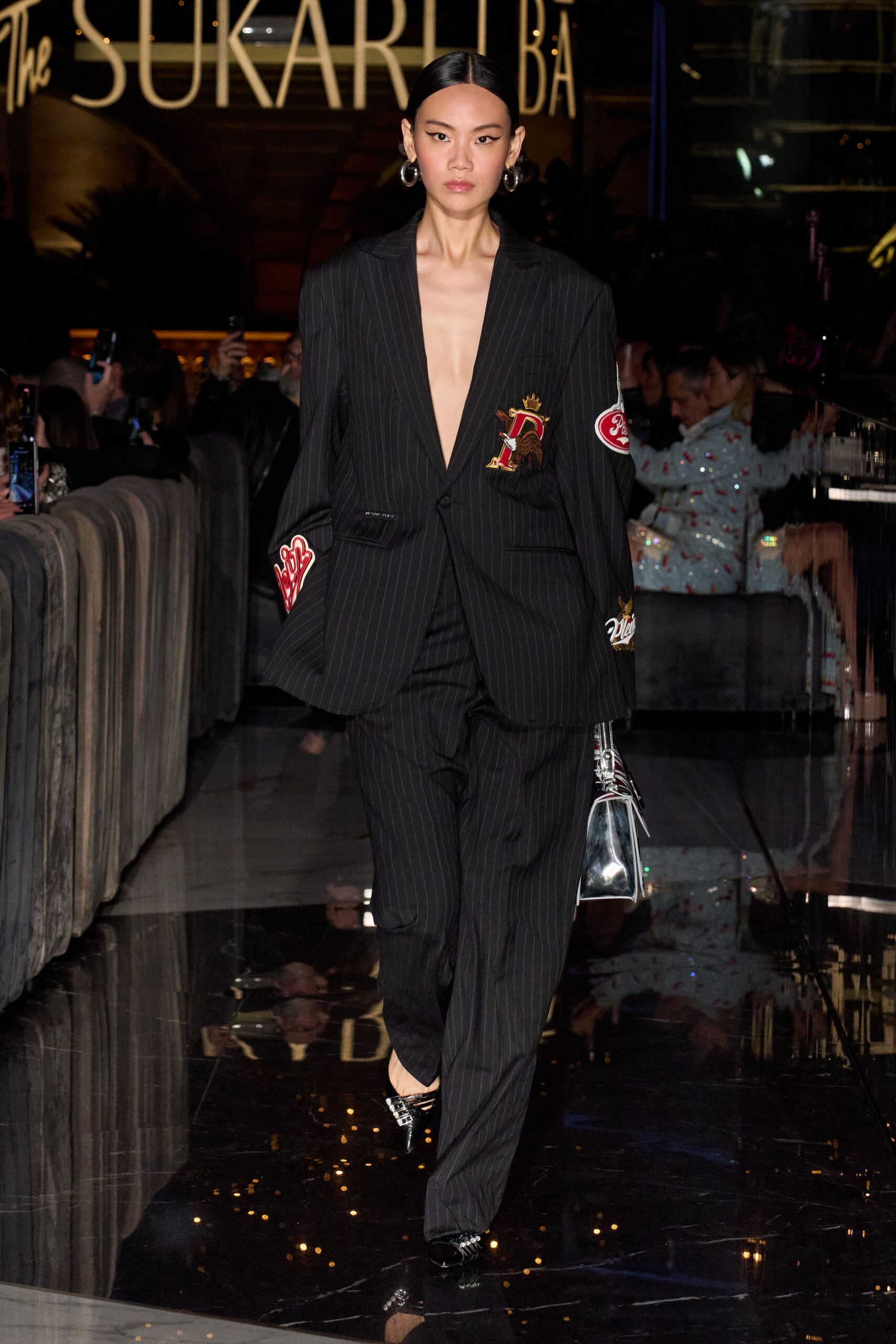 black cotton long-sleeve v-neck tailored striped embroidered suit