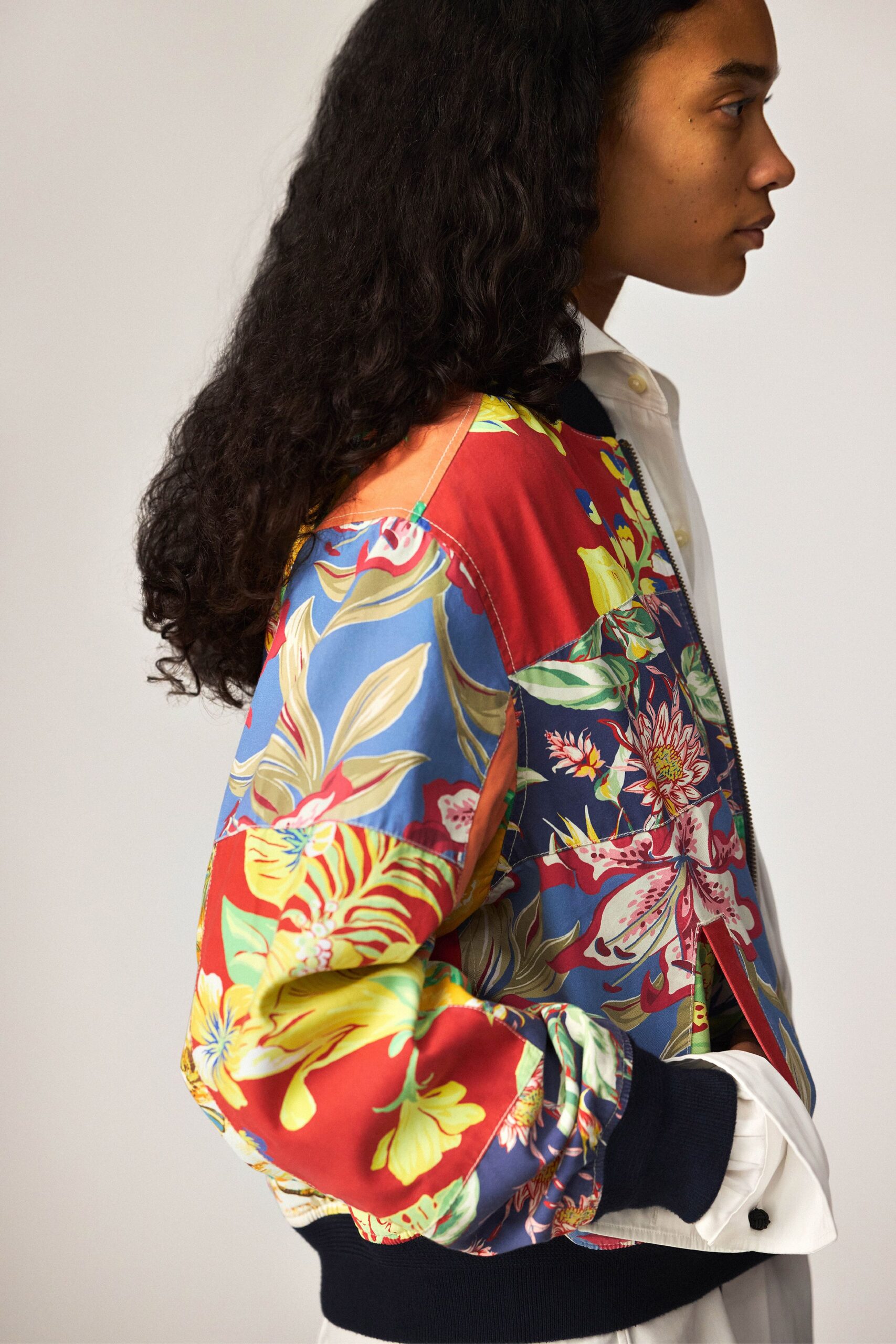 multi silk long-sleeve collared relaxed printed jacket