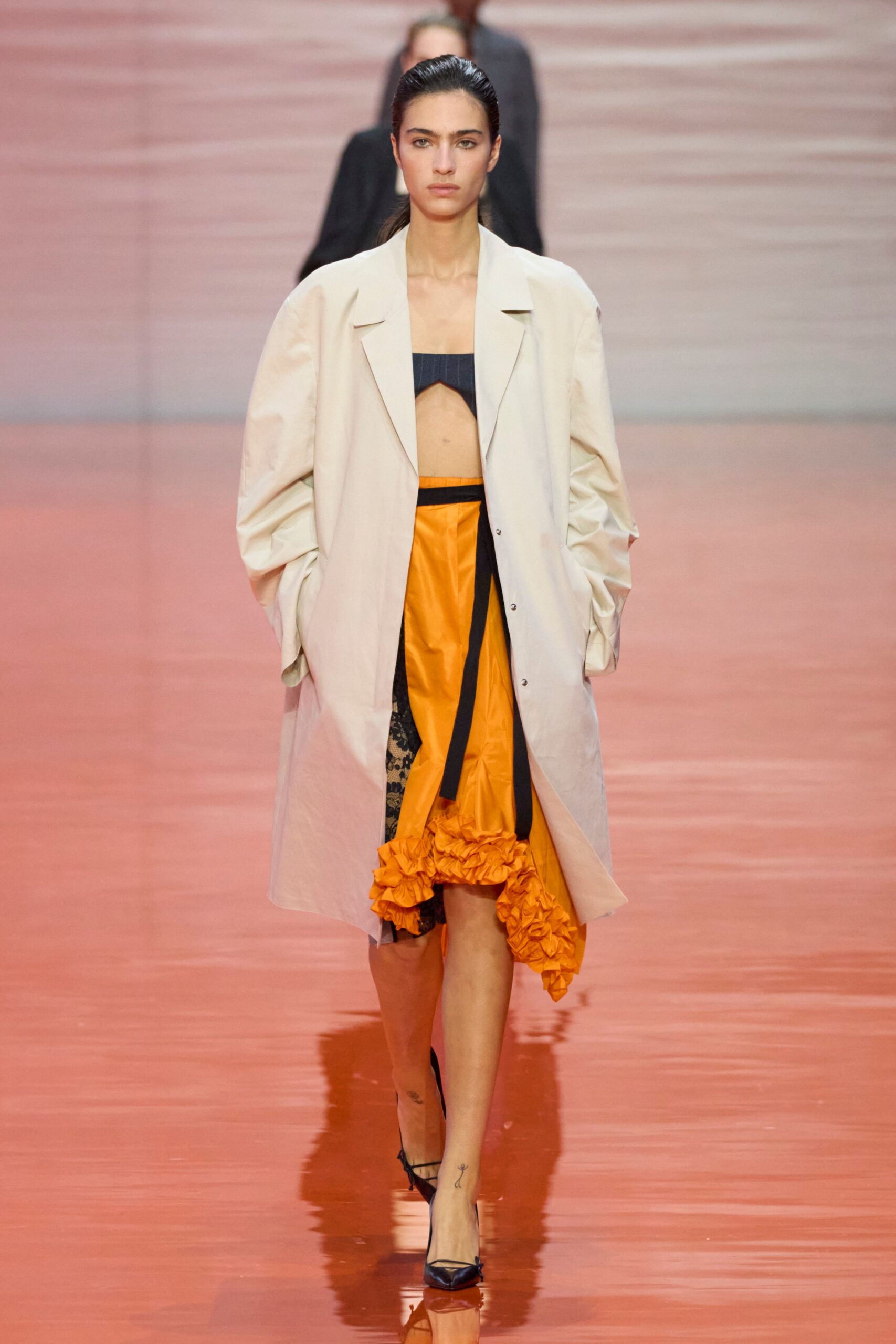 orange silk fitted high-waisted ruffled skirt