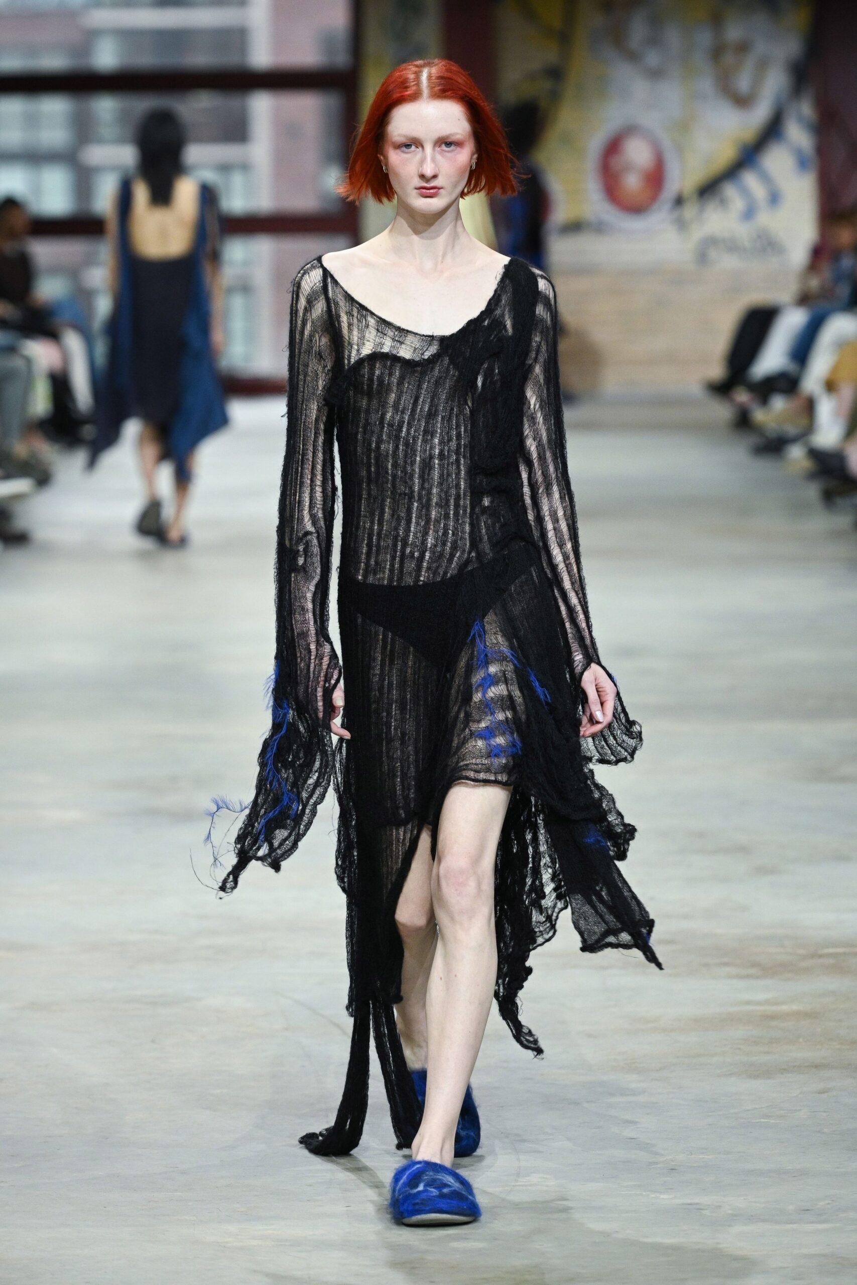 black mesh long-sleeve v-neck relaxed layered fringed dress