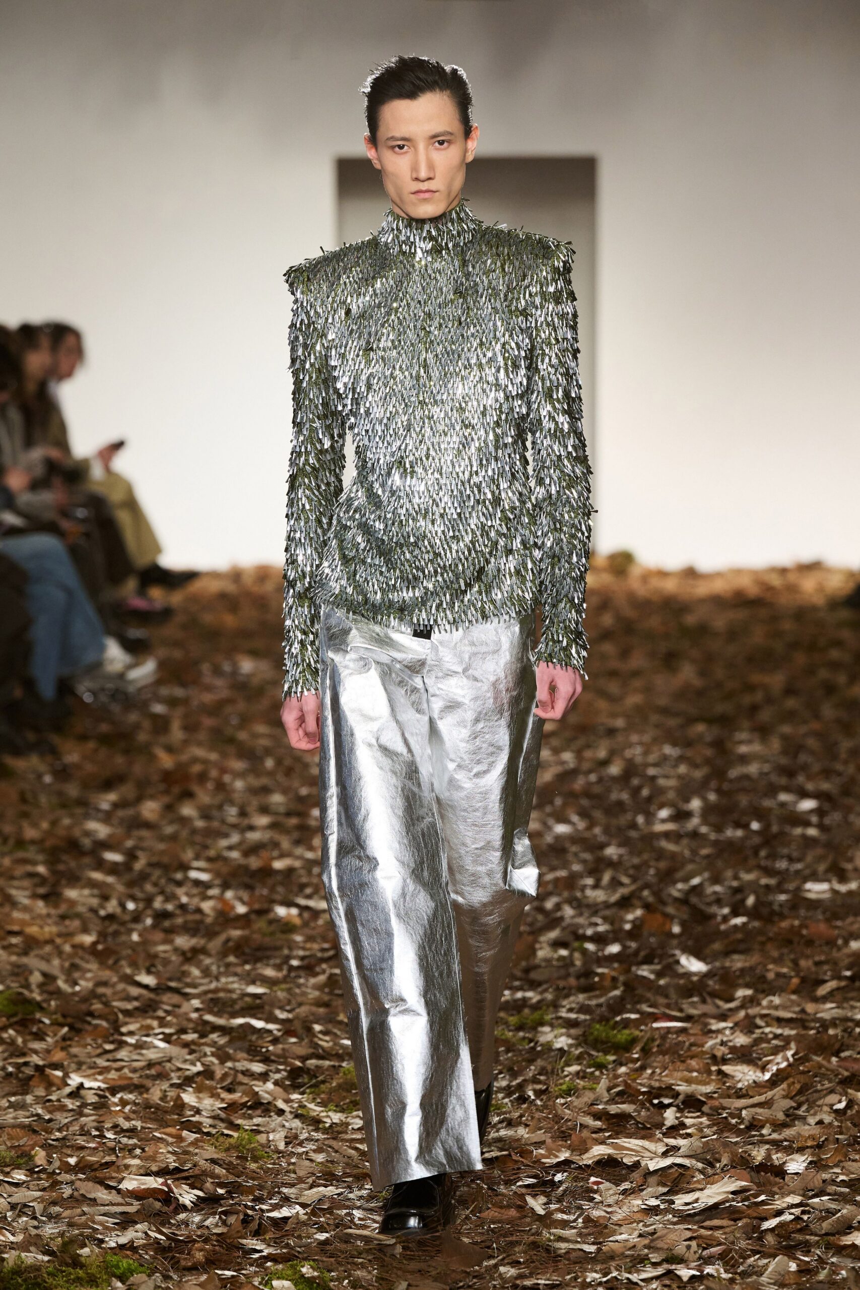 gray metallic long-sleeve high-neck fitted fringed shiny top