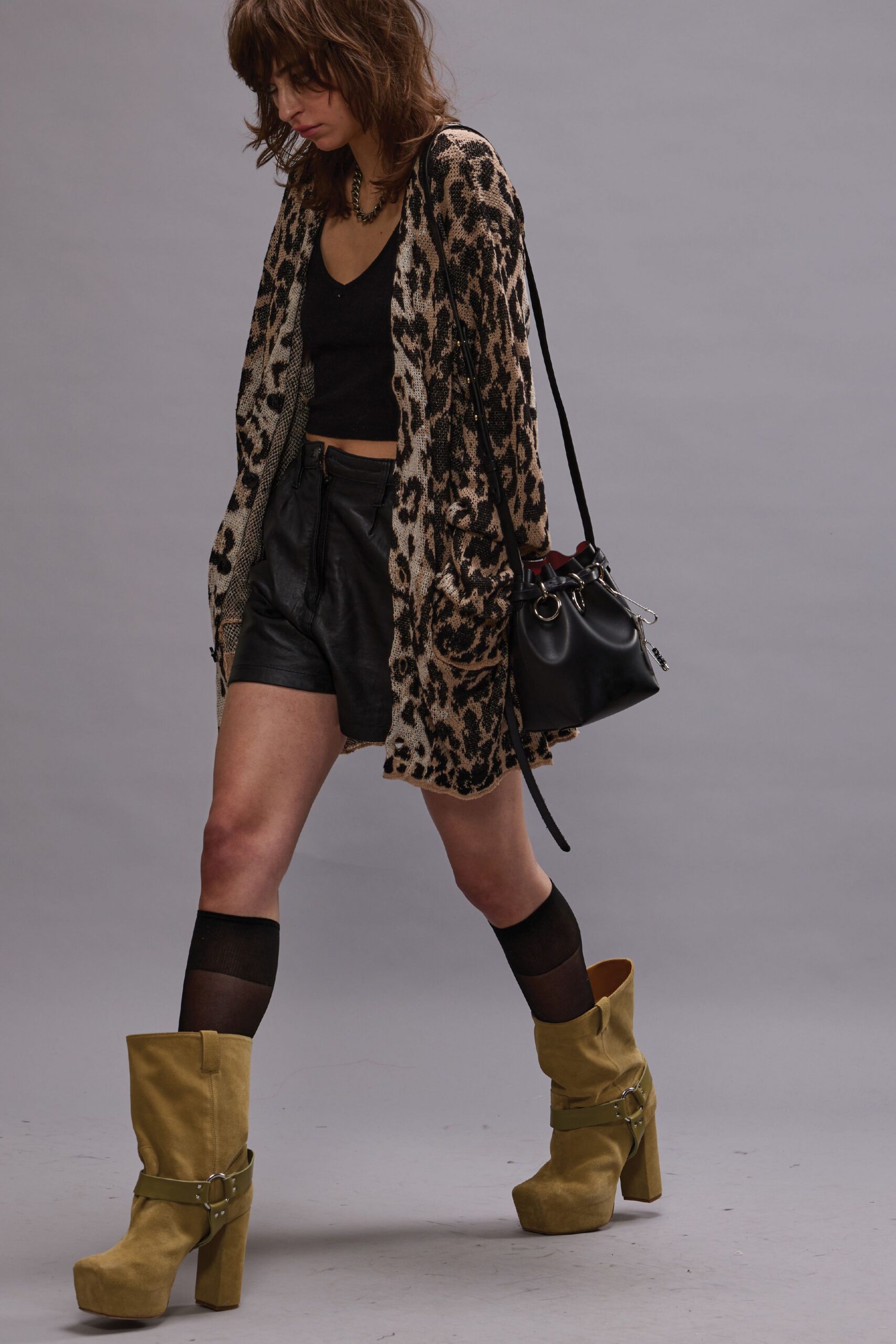beige knit long-sleeve relaxed animal-print cardigan