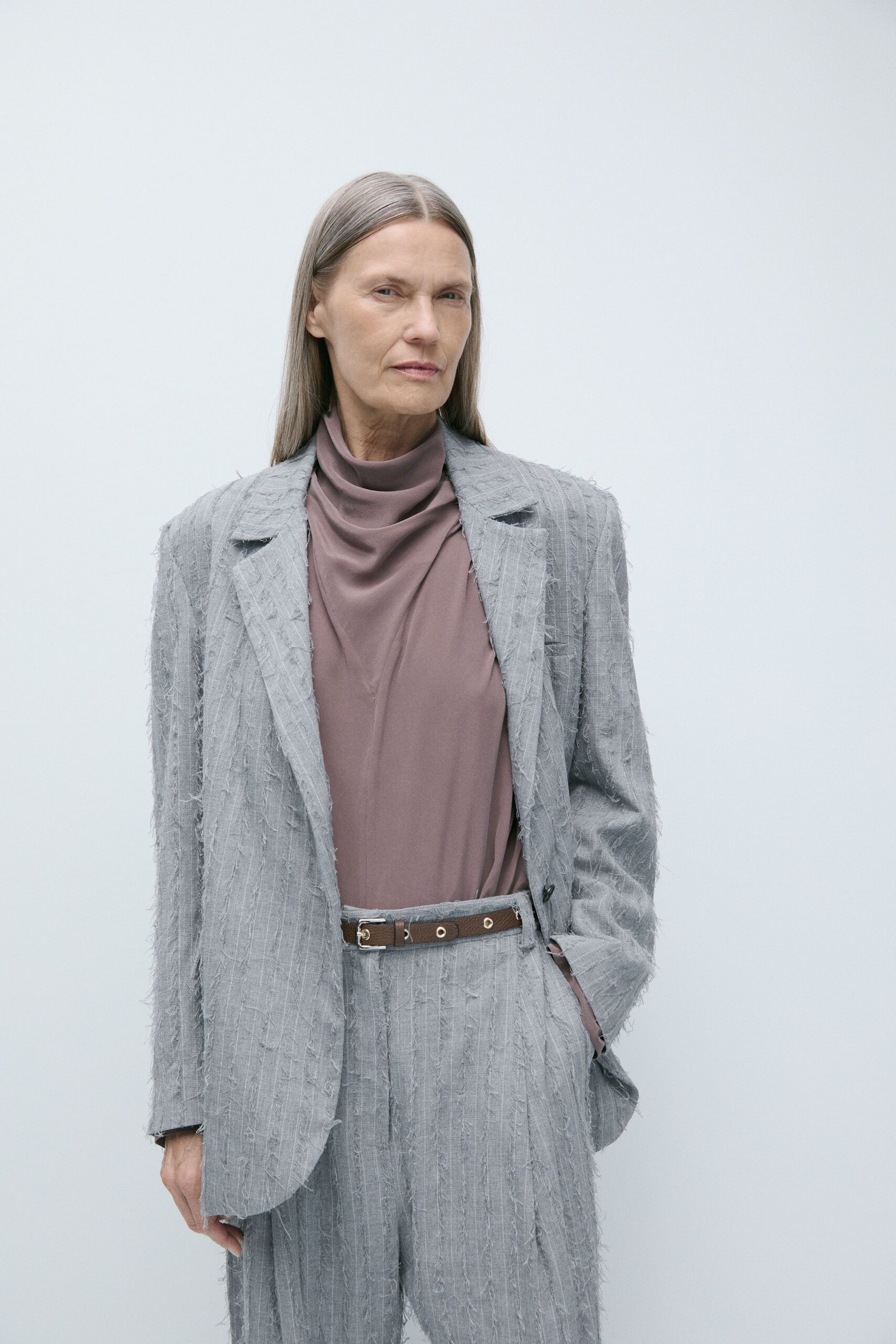 gray tweed blazer with brown top
