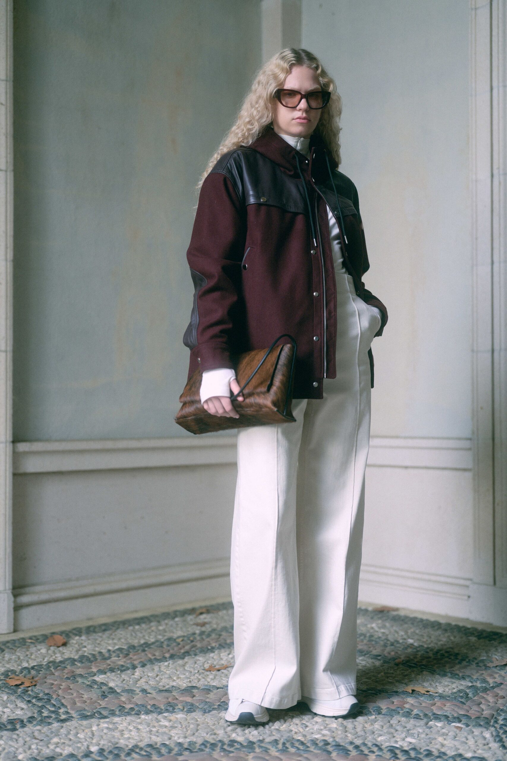red cotton long-sleeve collared relaxed buttoned jacket