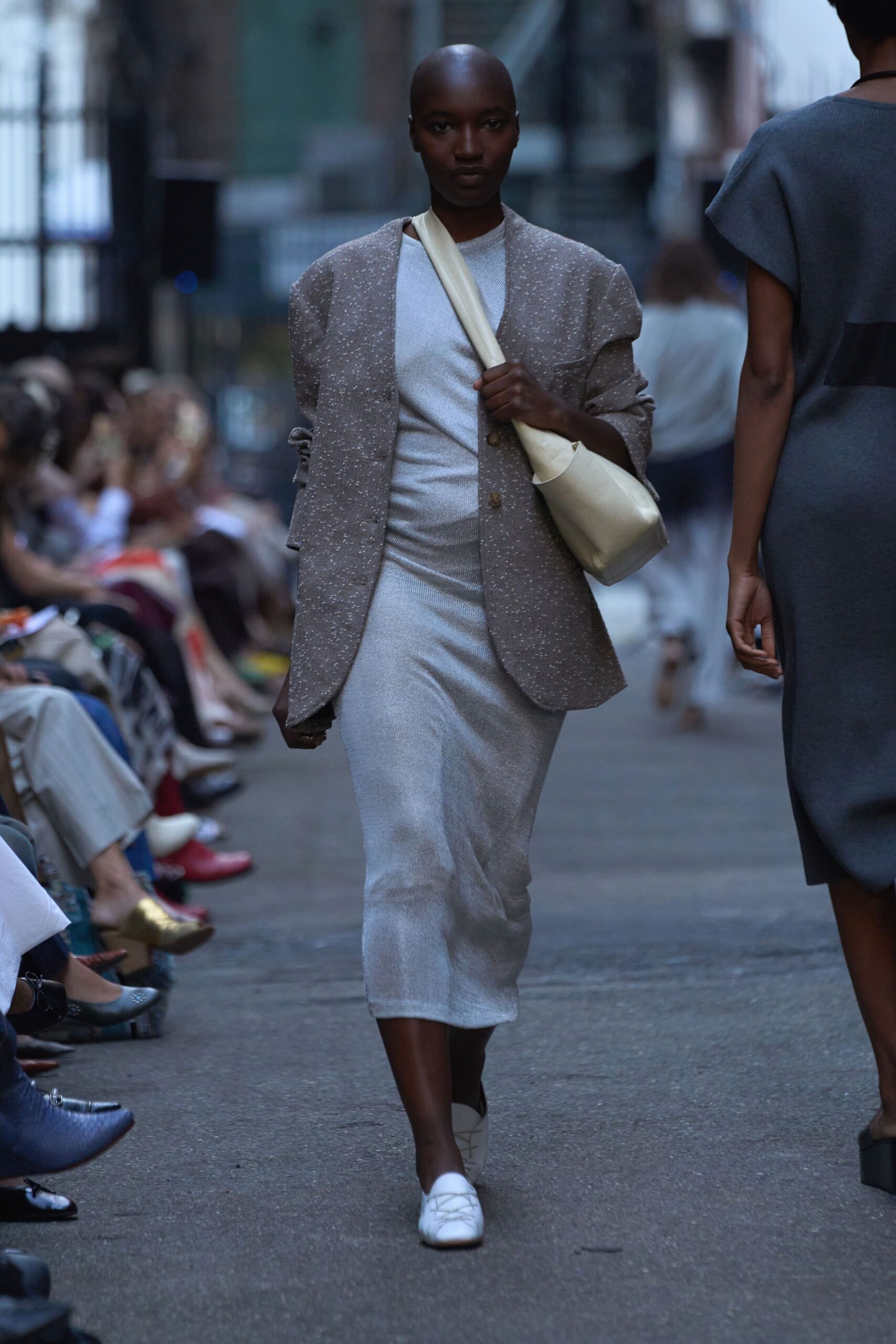 gray fitted dress with blazer