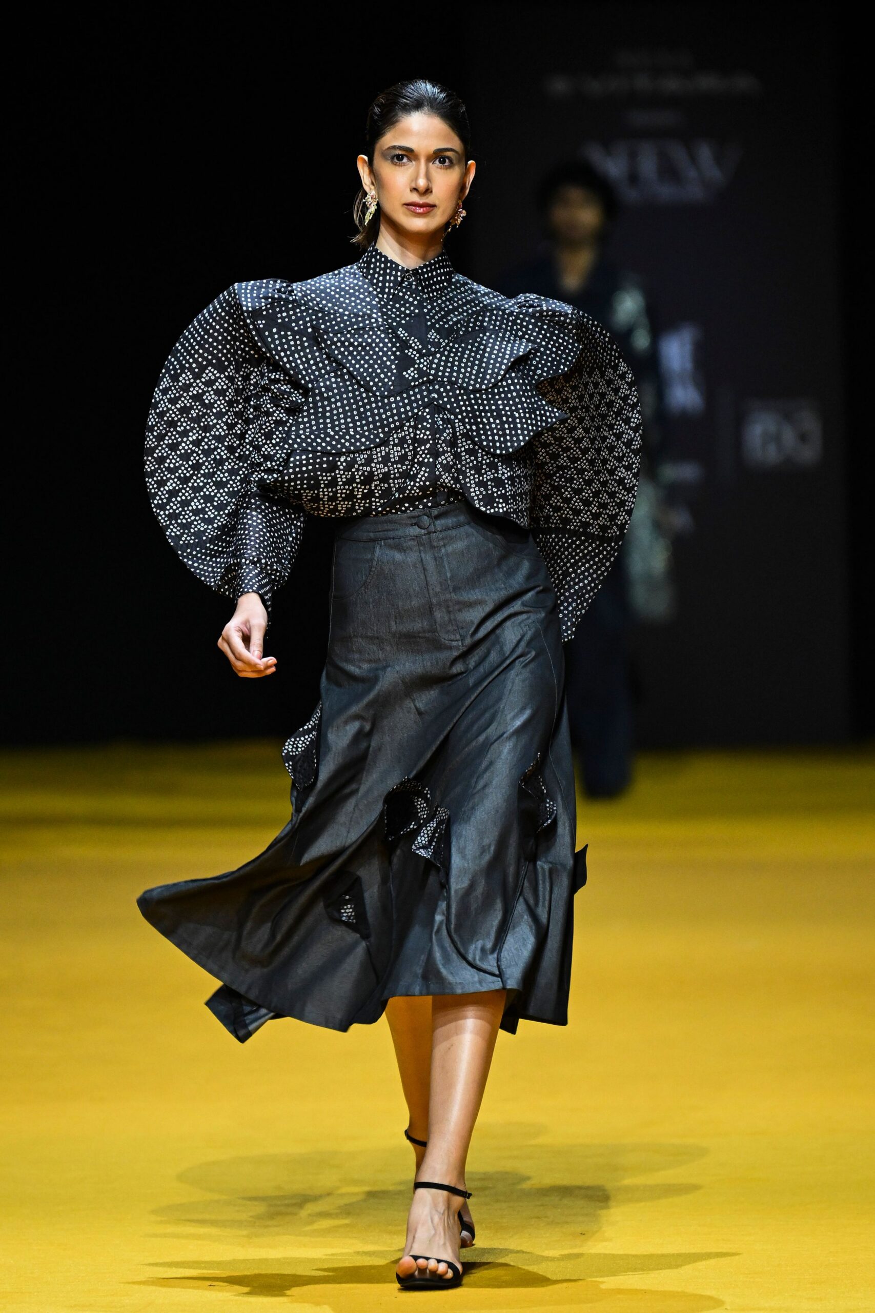 black denim asymmetric fitted tiered midi skirt
